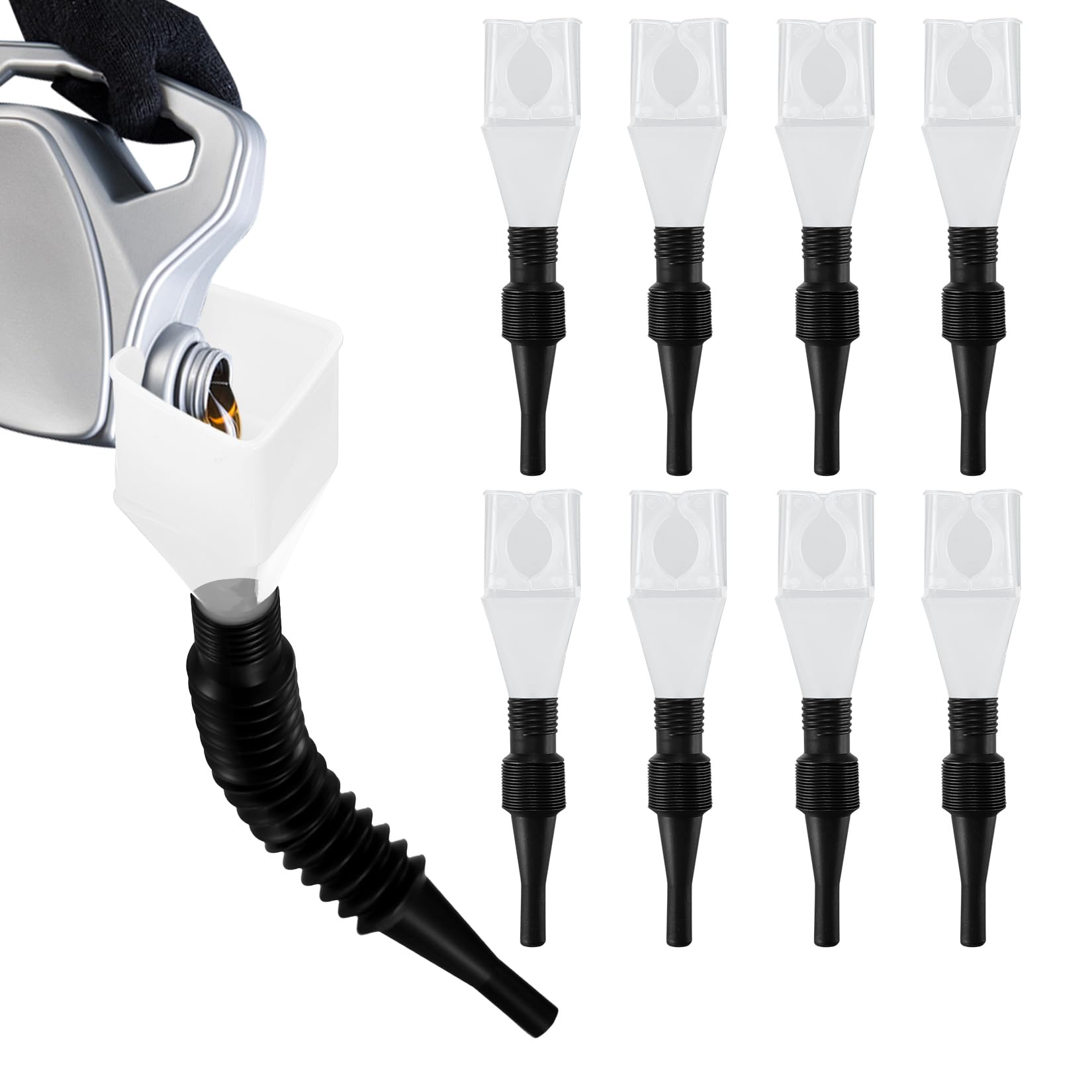 8-Piece Snap Funnel Set with Extendable Flexible Spout - Universal Car Oil Drain Tool for Motorcycle, Petrol, Diesel, Water - White | Ideal for DIY Auto Maintenance, Fluid Transfer & Home Use