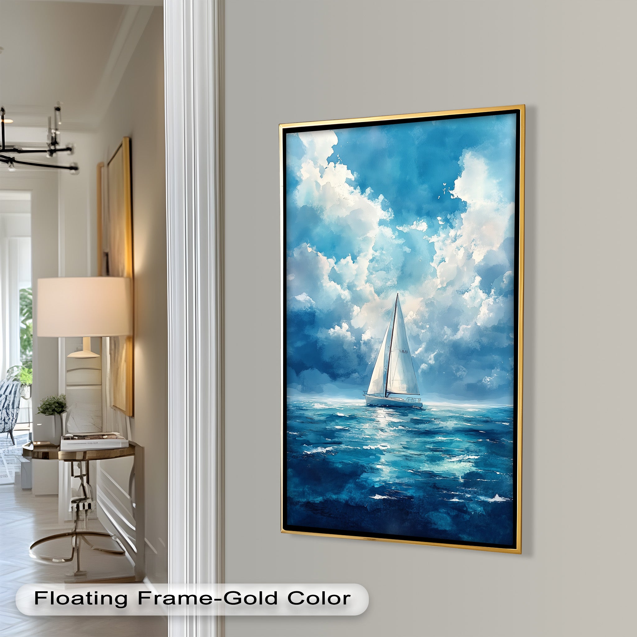 Blue Sky White Sailboat Oil Painting - Handmade Nautical Wall Art for Living Room, Bedroom & Office Decor