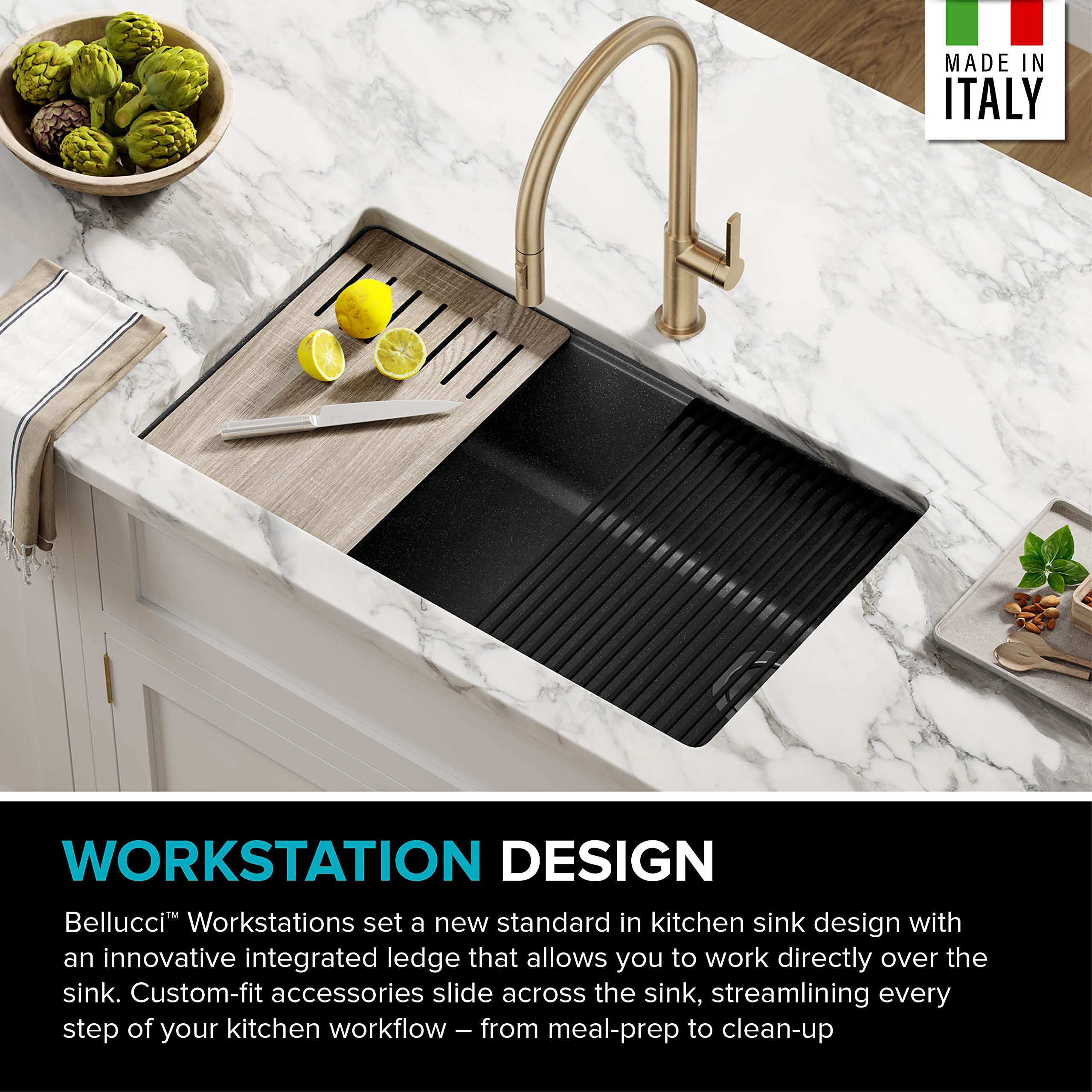 Kraus KGUW2-33MB-100-100 Bellucci 32-inch Undermount Granite Composite Single Bowl Kitchen Sink in Metallic Black with WasteGuard 1 HP Garbage Disposal - Durable Workstation Sink for Modern Kitchens, Perfect for Food Prep and Dishwashing