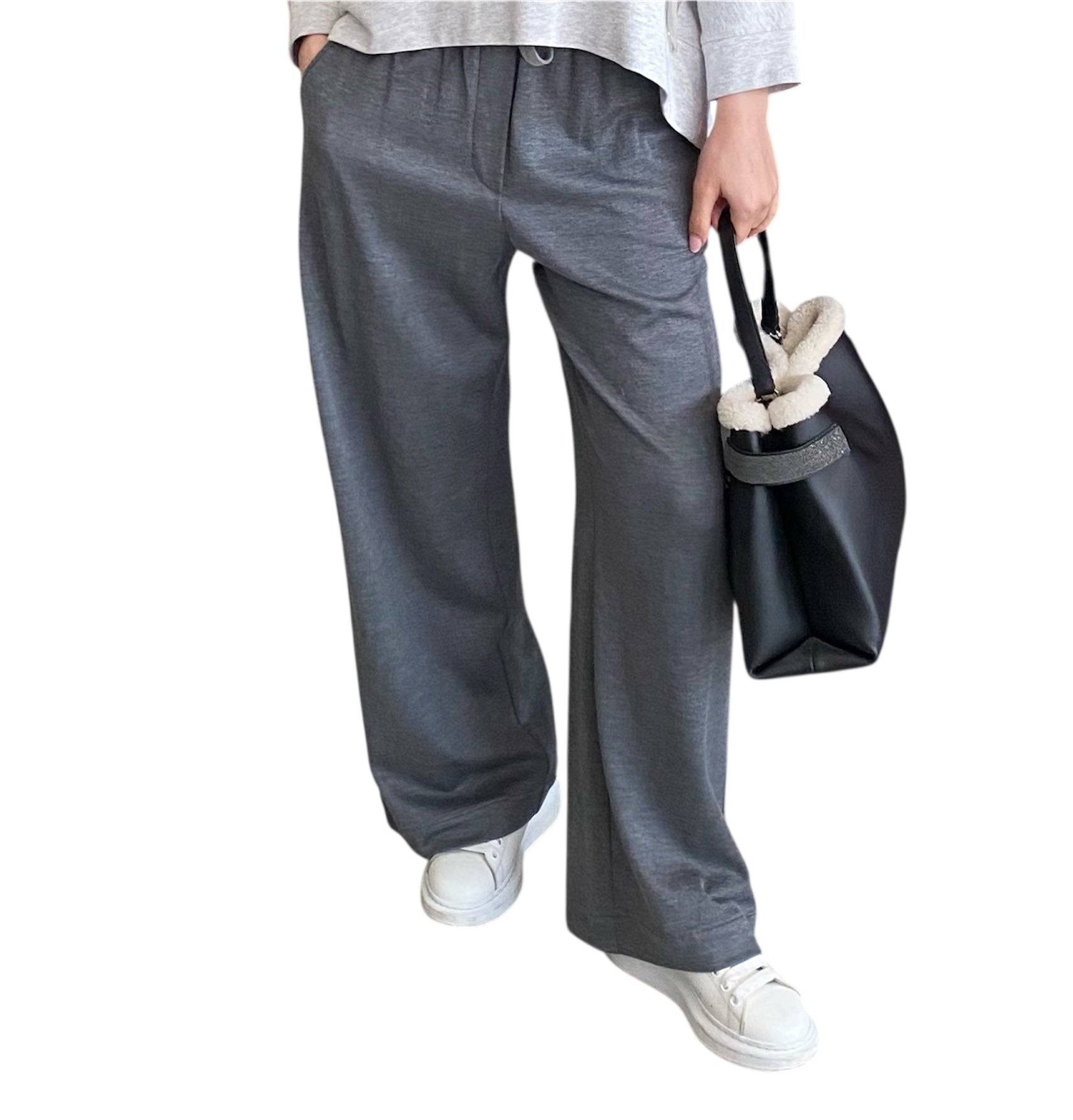 Brunello Grey Wide Leg Monili Pants for Women - Comfortable High Waist Palazzo Trousers for Office, Travel & Casual Wear