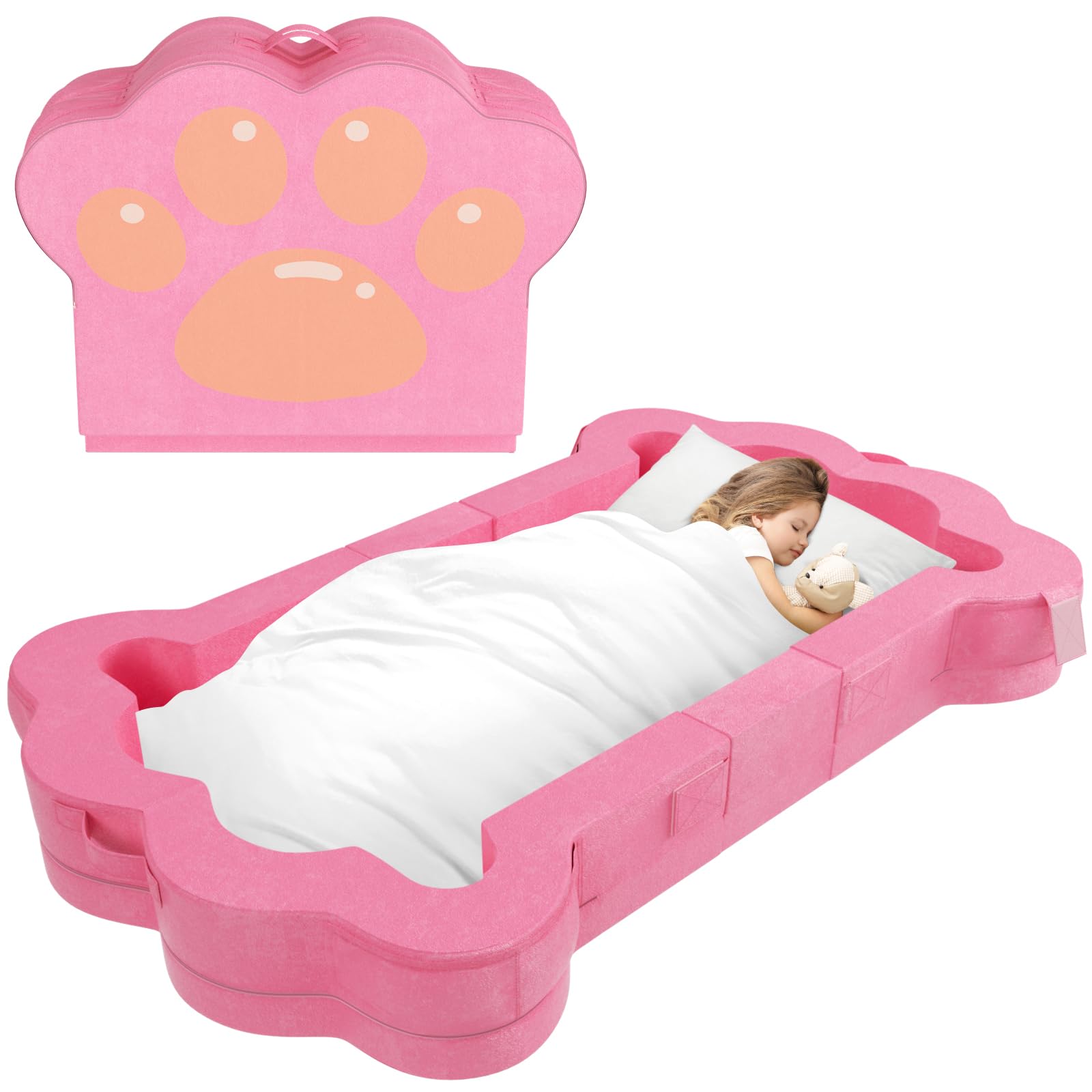 Portable Toddler Bed - Foldable Floor Bed for Kids 1-5 Years Old | Soft, Safe & Washable Travel Bed for Toddlers | Perfect for Home, Travel & Sleepovers (Pink)