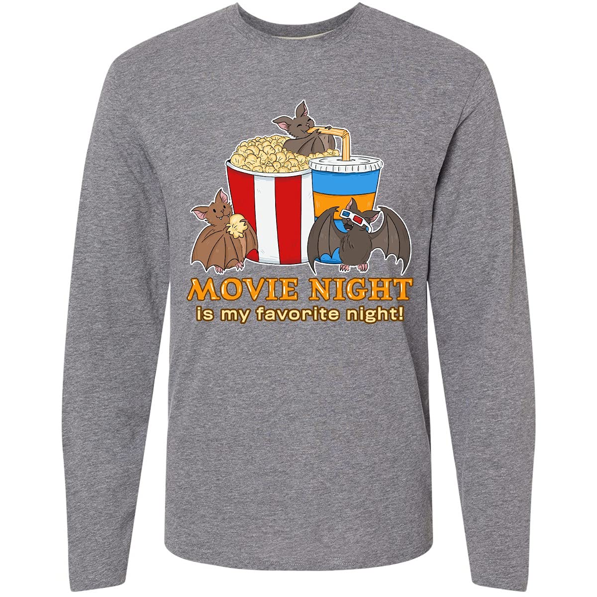 Movie Night is My Favorite Night Bats with Popcorn Long Sleeve T-Shirt | Cute Bat Design | Comfortable Cotton Tee for Women & Men | Perfect for Halloween, Casual Wear & Movie Nights