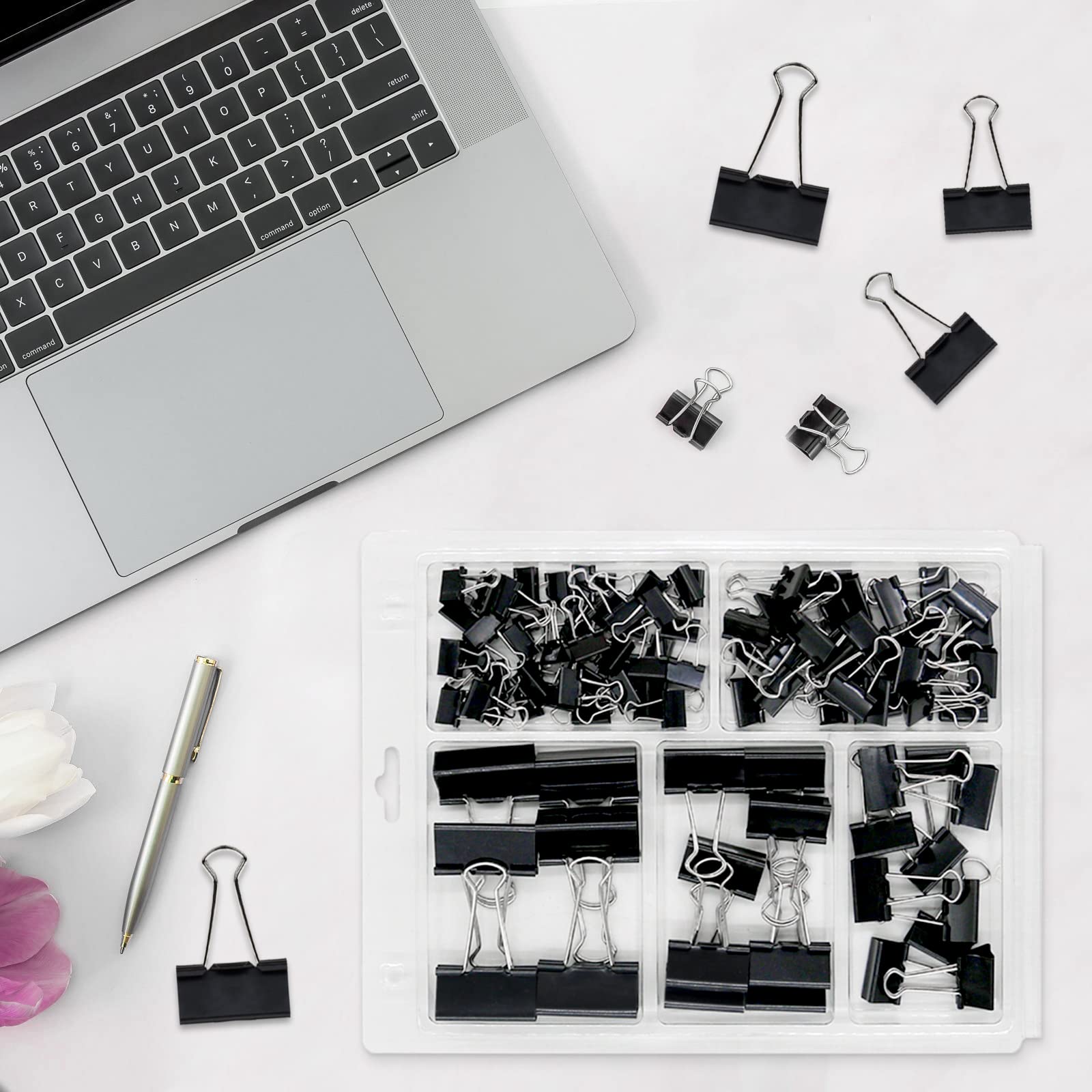 OWLKELA 100 Pcs Black Binder Clips - Assorted Sizes Metal Paper Clamps for Office, School & Home Organization | Perfect for Documents, Files, Notes & DIY Projects