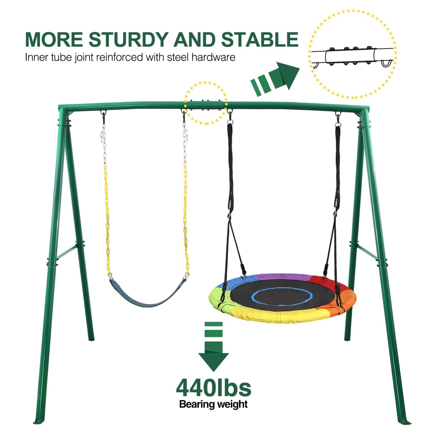 Trekassy 440lbs Capacity 2-Seat Outdoor Swing Set with Saucer Swing & Belt Swing - Heavy Duty A-Frame Metal Stand for Backyard, Playground, and Kids Playset | Perfect for Family Fun, Outdoor Recreation, and Children's Playtime Activities