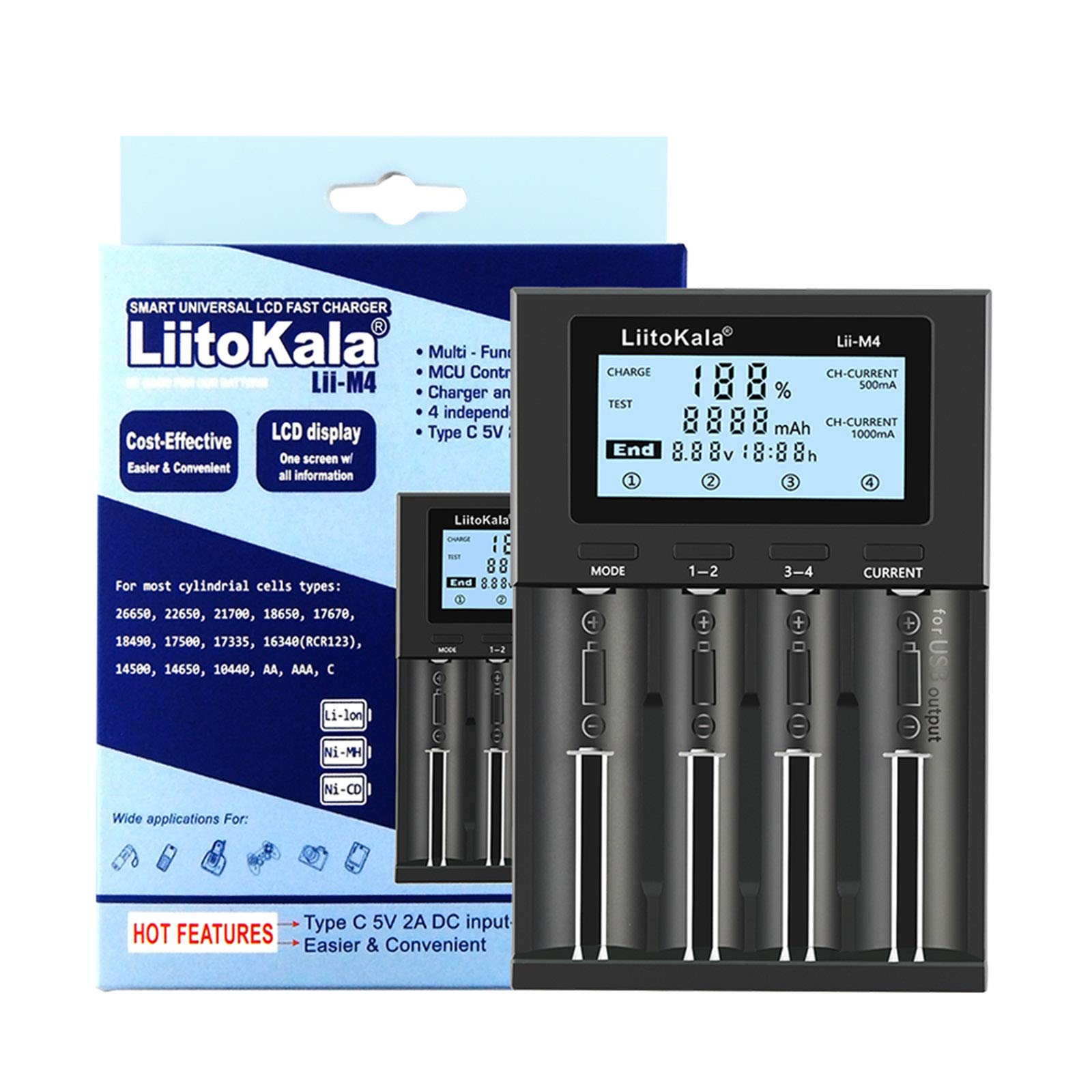 LII-M4 4-Slot Smart Battery Charger with LCD Display - Fast Charging for 18650, 26650, 14500, AA, AAA Lithium & NiMH Rechargeable Batteries - Perfect for Flashlights, Cameras, Toys, and Electronic Devices