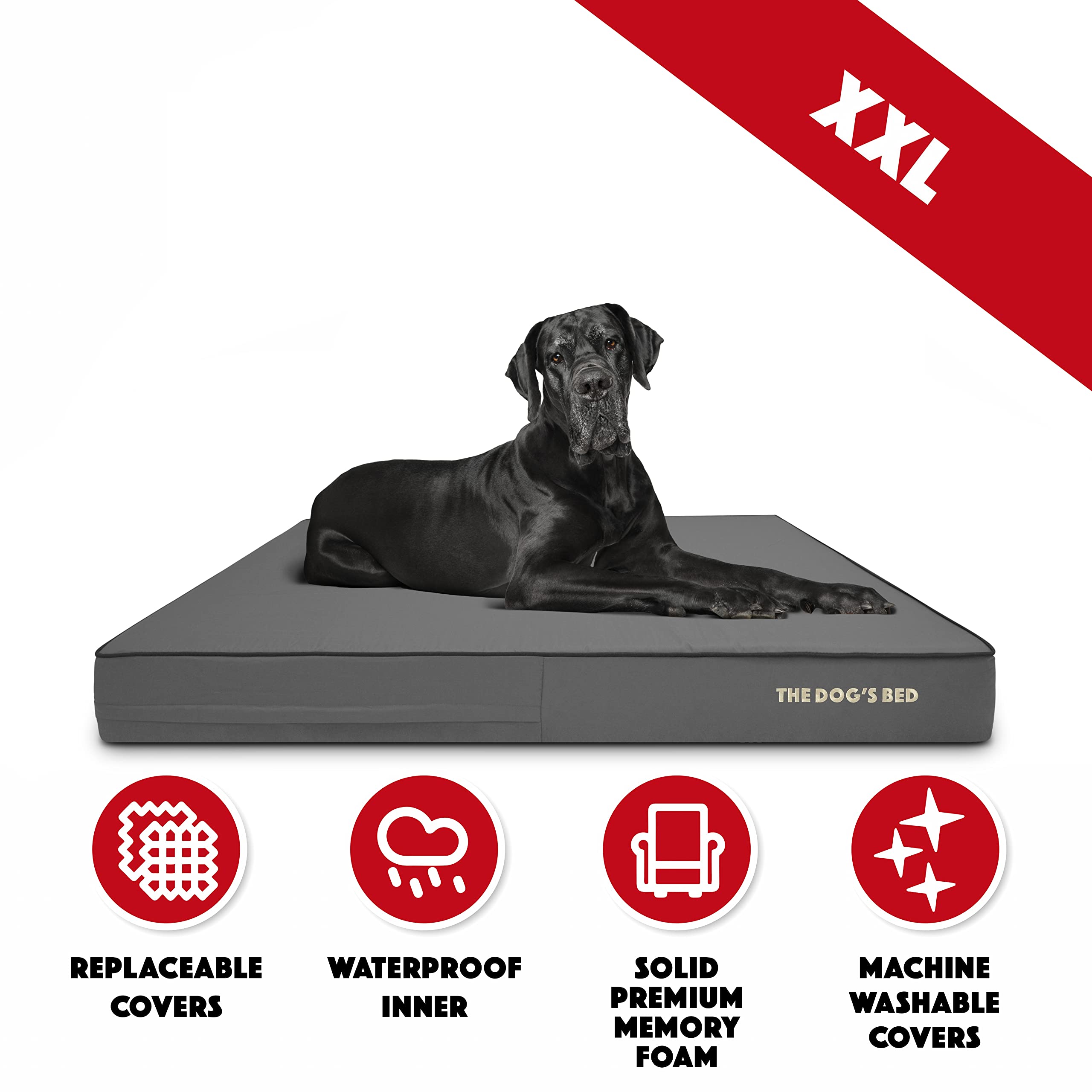 Orthopedic Memory Foam Dog Bed for Large Dogs - XXL 54x36 Inches, Waterproof & Supportive Pet Bed with Removable Washable Cover, Grey & Black - Vet Approved for Joint Pain Relief - Perfect for Elderly Dogs or Pets with Arthritis