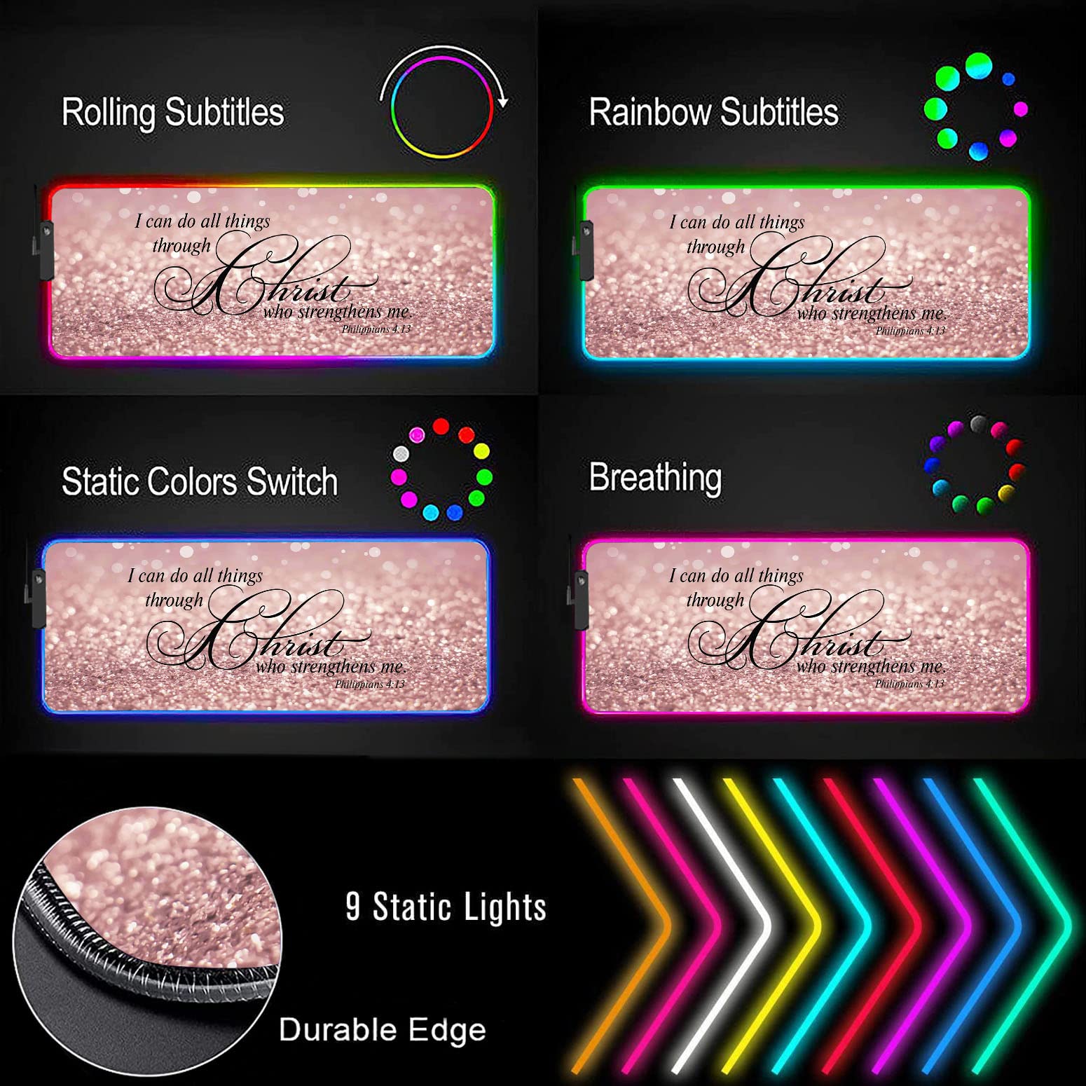RGB Gaming Mouse Pad with LED Lights - Large Non-Slip Waterproof Desk Mat for Keyboard & Mouse | Pink Glitter Design with Philippians 4:13 Bible Verse | Perfect for PC Gaming, Office Work & Home Computer Setup