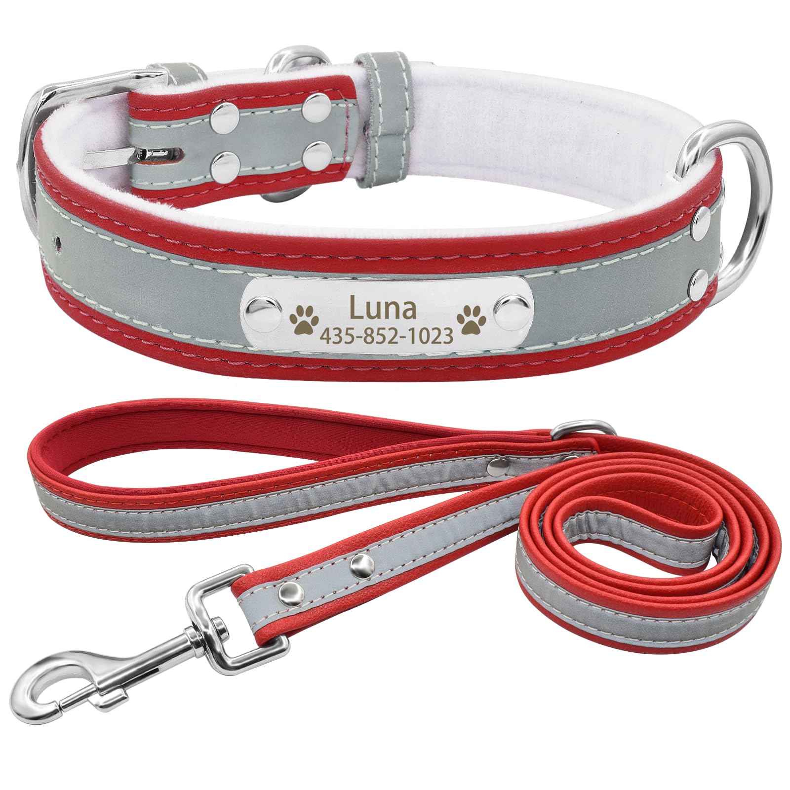 Custom Personalized Reflective Dog Collar & Leash Set with Name Plate - Engraved Leather Pet Collar for Small Medium Large Dogs & Cats - Perfect for Night Walks, Outdoor Adventures & Pet Safety