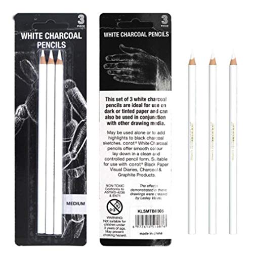 VELIHOME 3-Piece Professional White Charcoal Pencil Set - High-Quality Sketching & Drawing Carbon Pencils for Artists - Perfect for Sketching, Shading & Art Projects