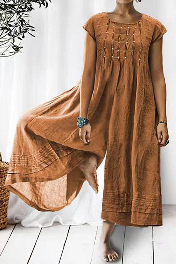 Tina Women's Short Sleeve Ruched Detail Wide Leg Jumpsuit - Casual Summer Outfit for Beach, Vacation & Date Night