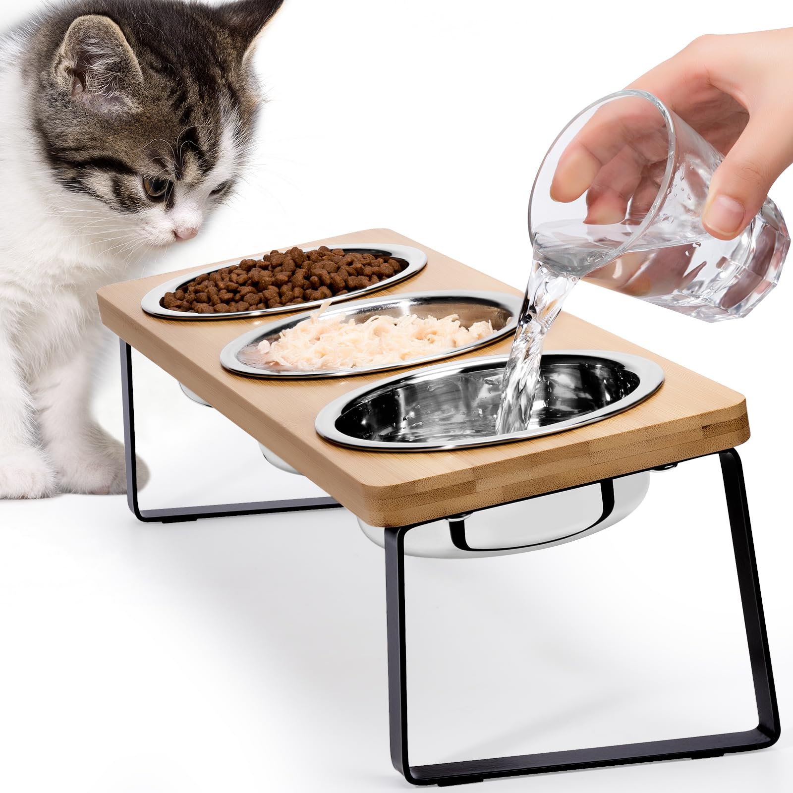 Loplurea 15° Tilted Elevated Cat Bowls - 3 Stainless Steel Raised Cat Food & Water Bowls with Bamboo Stand, Anti-Vomit Feeding Station for Indoor Kittens & Adult Cats - Perfect for Digestive Health & Mess-Free Mealtime
