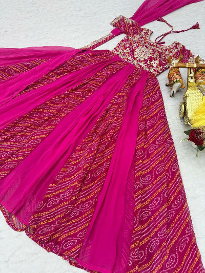 Elegant Pink Pure Bandhej Georgette Anarkali Gown with Dupatta Set of 2 - Perfect for Weddings, Parties & Festive Occasions
