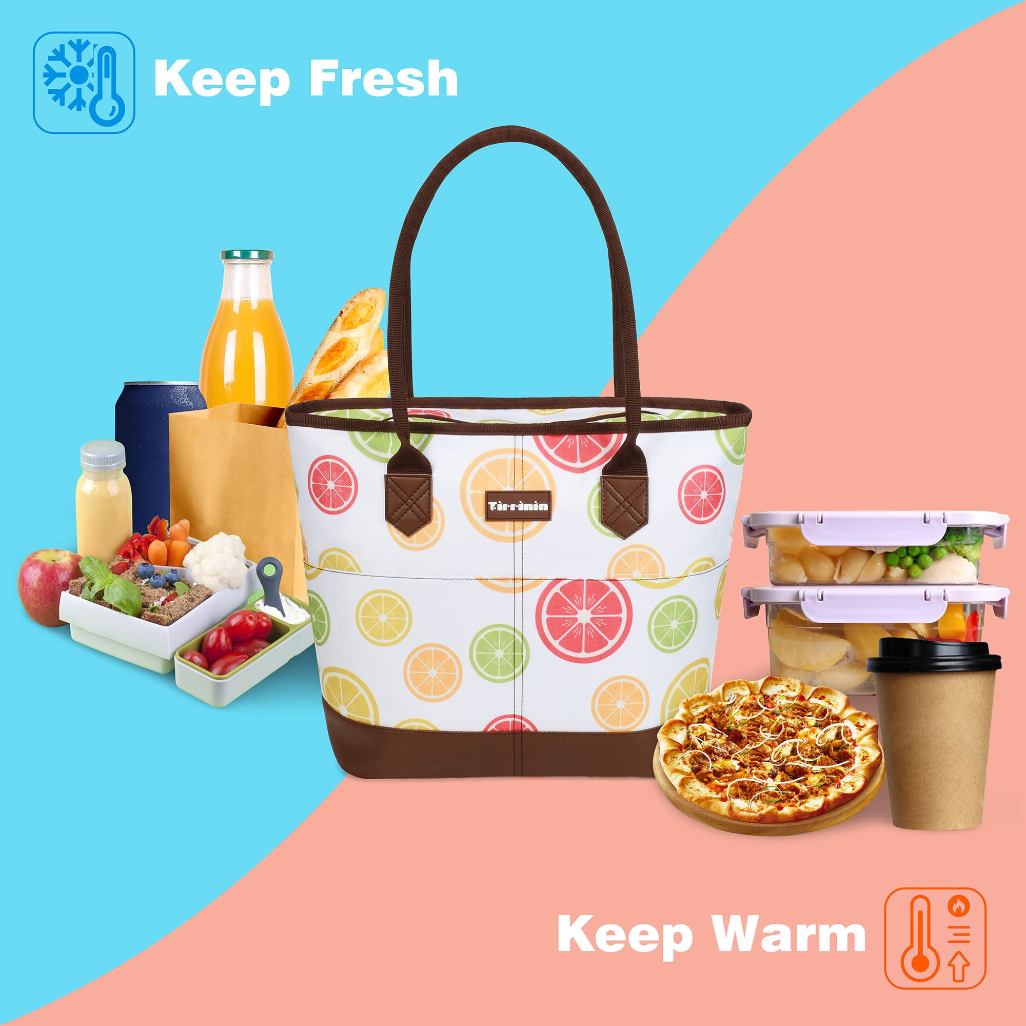 Tirrinia Large Insulated Lunch Tote Bag for Women - Waterproof Leakproof Cooler Bag with Zipper | Perfect for Work, Beach, Grocery Shopping & Frozen Food Storage | Stylish White Lemon Design