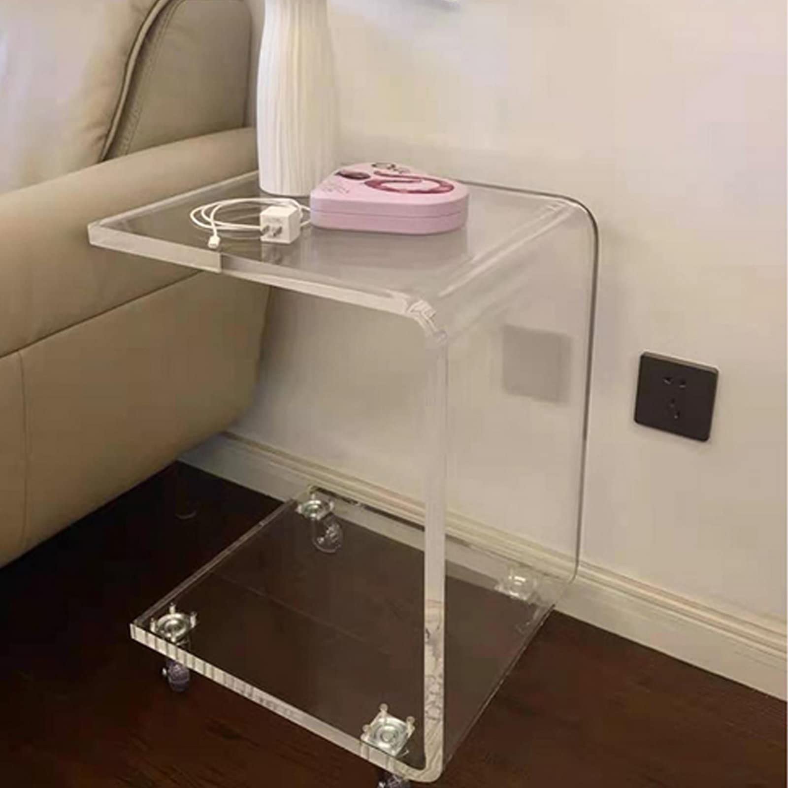 **DYRABREST Clear Acrylic Side Table with Wheels - Multifunctional Sofa Tray Table for Snacks, Drinks & Essentials - Perfect for Living Room, Bedroom & Office Use**