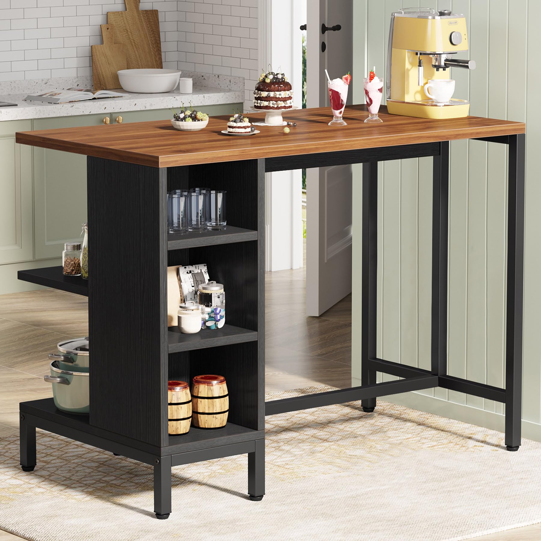 Tribesigns Industrial Kitchen Island with 5 Open Storage Shelves & Large Butcher Block Worktop - Rustic Bar Table for Small Space Kitchen, Dining Room, or Home Office (Stools Not Included) | Perfect for Food Prep, Entertaining & Extra Storage