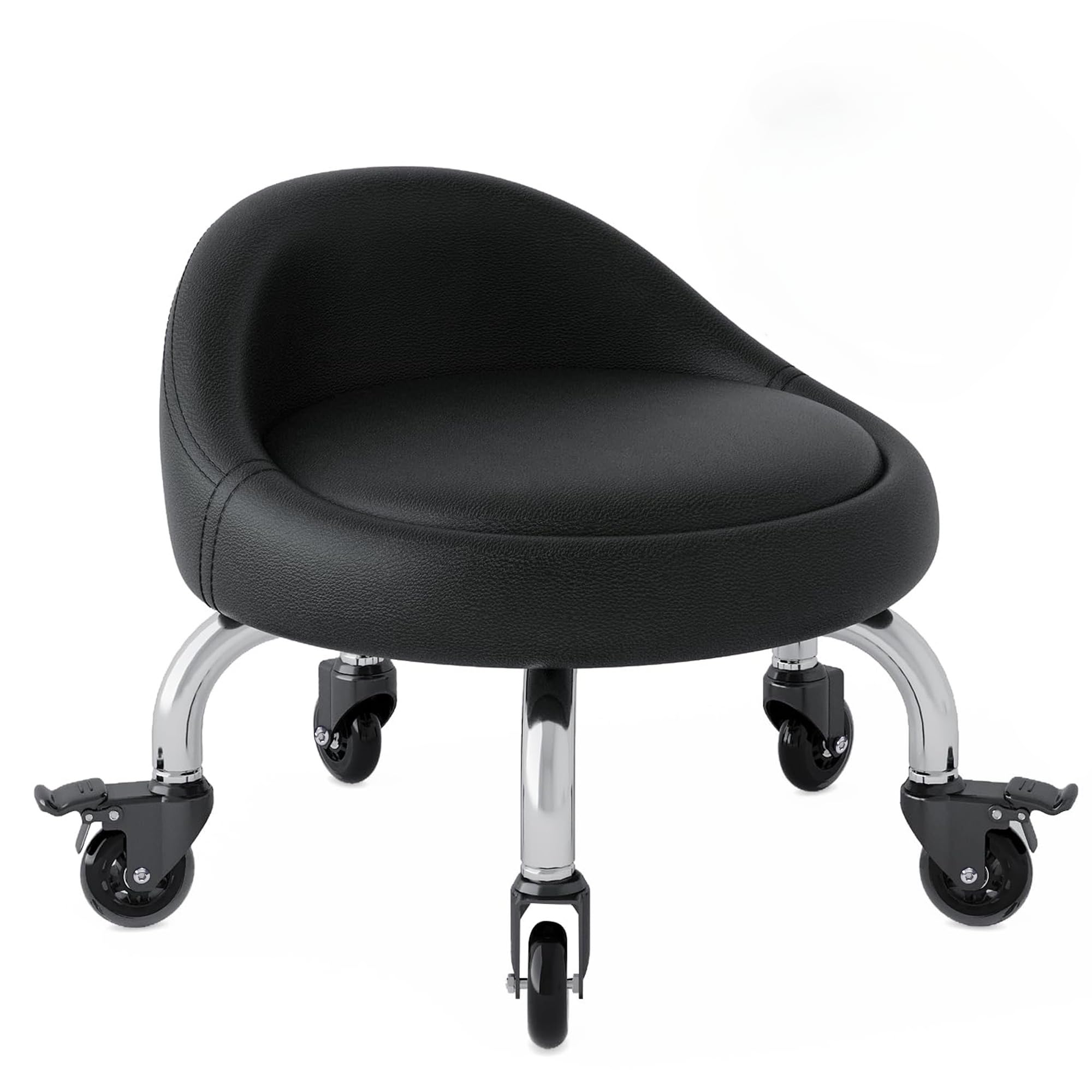 Low Height Rolling Stool with Wheels - PU Leather Adjustable Stool with Backrest & Crystal Universal Casters for Home, Office, Salon | Perfect for Cleaning, Garage Work, Outdoor Picnics & Workspaces (Black)
