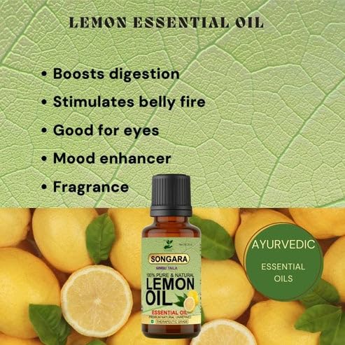 Songara 100% Pure Natural Lemon Essential Oil for Skin & Hair - Ayurvedic Scalp Treatment, Face & Body Revitalizer - 20ml (1 Pack) - Perfect for Aromatherapy, Massage & DIY Beauty Recipes