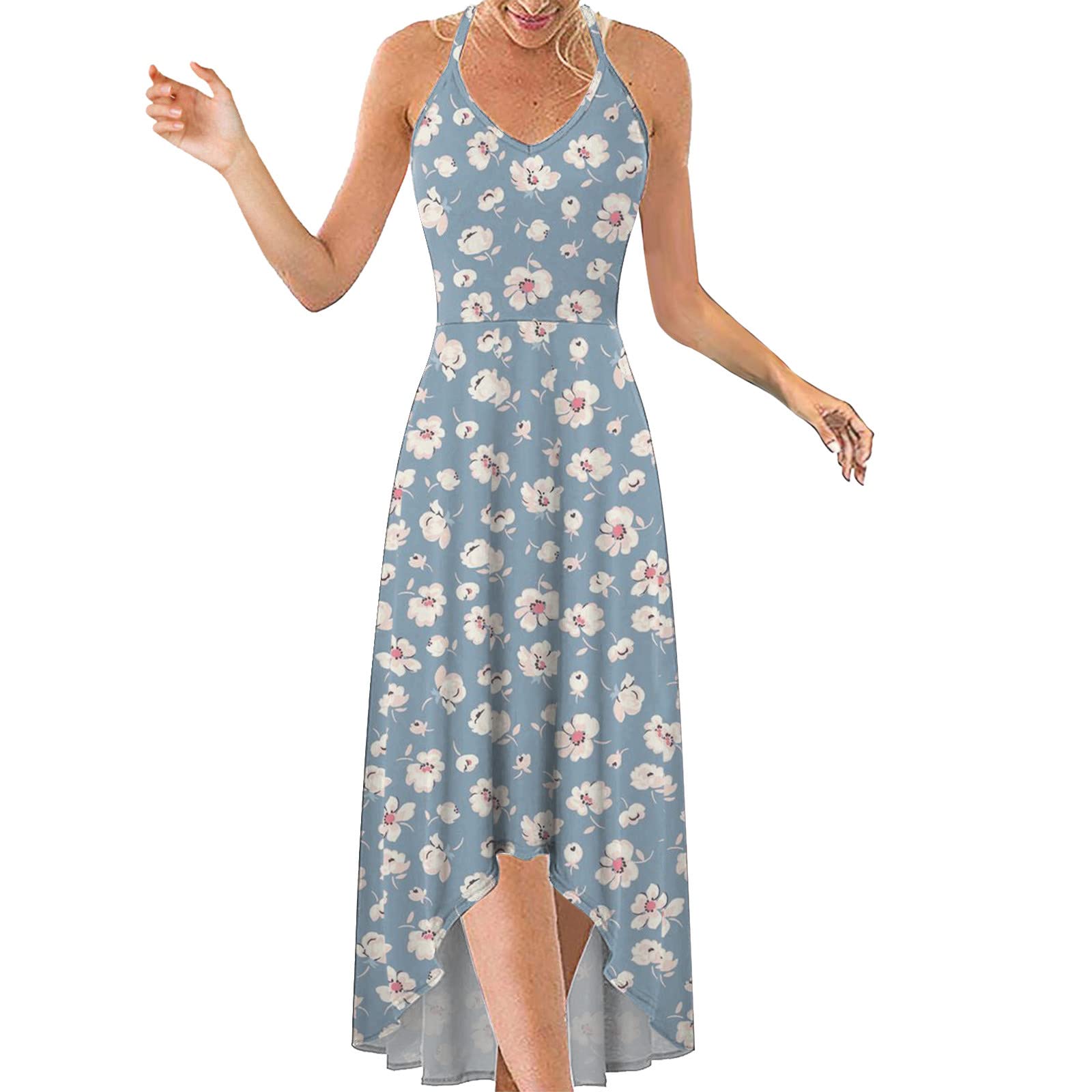 Women's Floral Print Spaghetti Strap V-Neck Maxi Dress - A-Line Summer Sundress for Beach, Vacation & Casual Wear | Sleeveless Long Dress for Women
