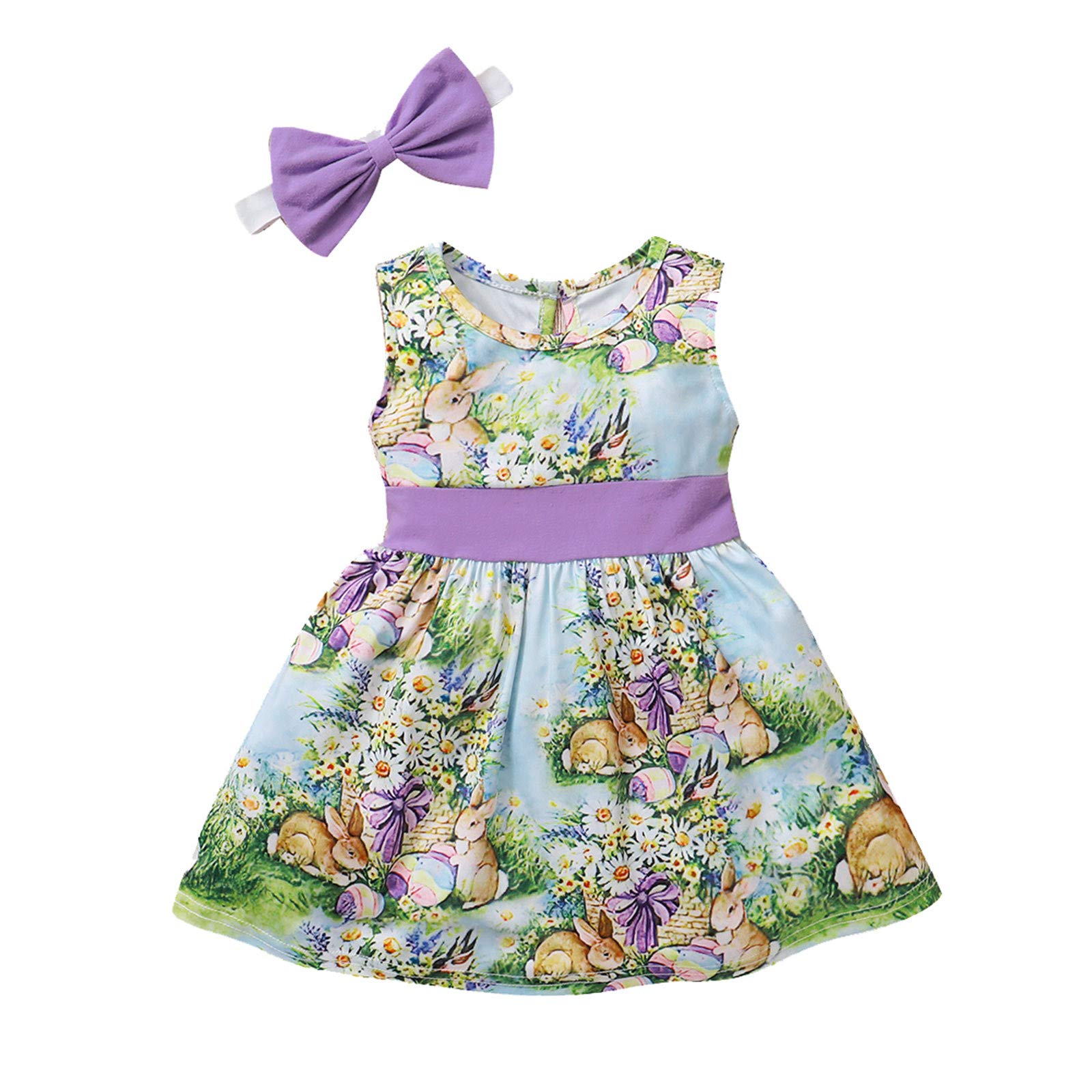 Easter Dresses for Baby Girls & Toddlers - Sleeveless Bunny Print Easter Egg Dress with Headband Set | Perfect for Easter Sunday, Spring Photoshoots & Holiday Celebrations