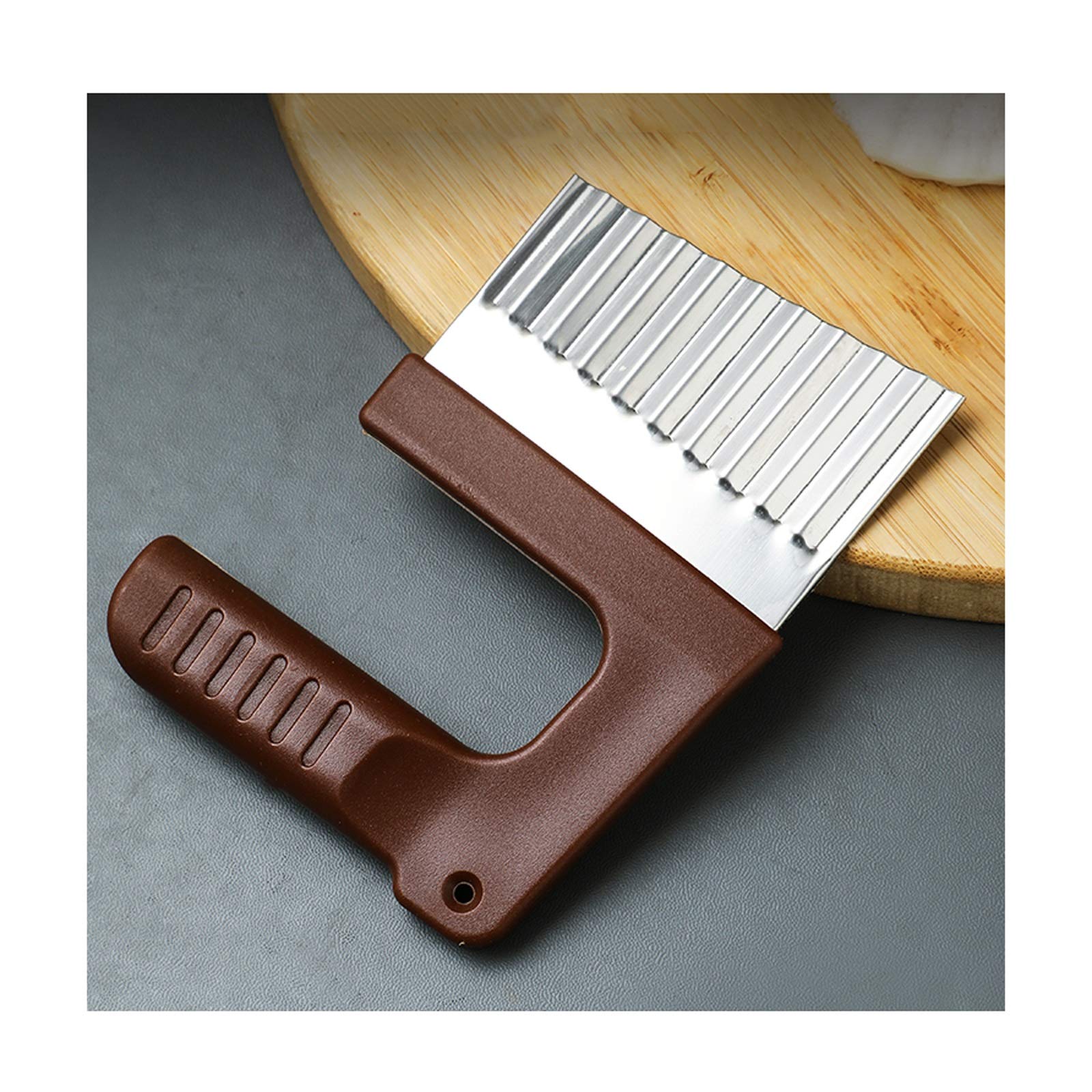 Stainless Steel French Fry Cutter - Wavy & Crinkle Potato Slicer for Home Kitchen - Durable 2-Piece Potato & Carrot Chopper Knife Set - Perfect for Making Crispy Fries, Veggie Chips & Salad Prep (Brown)
