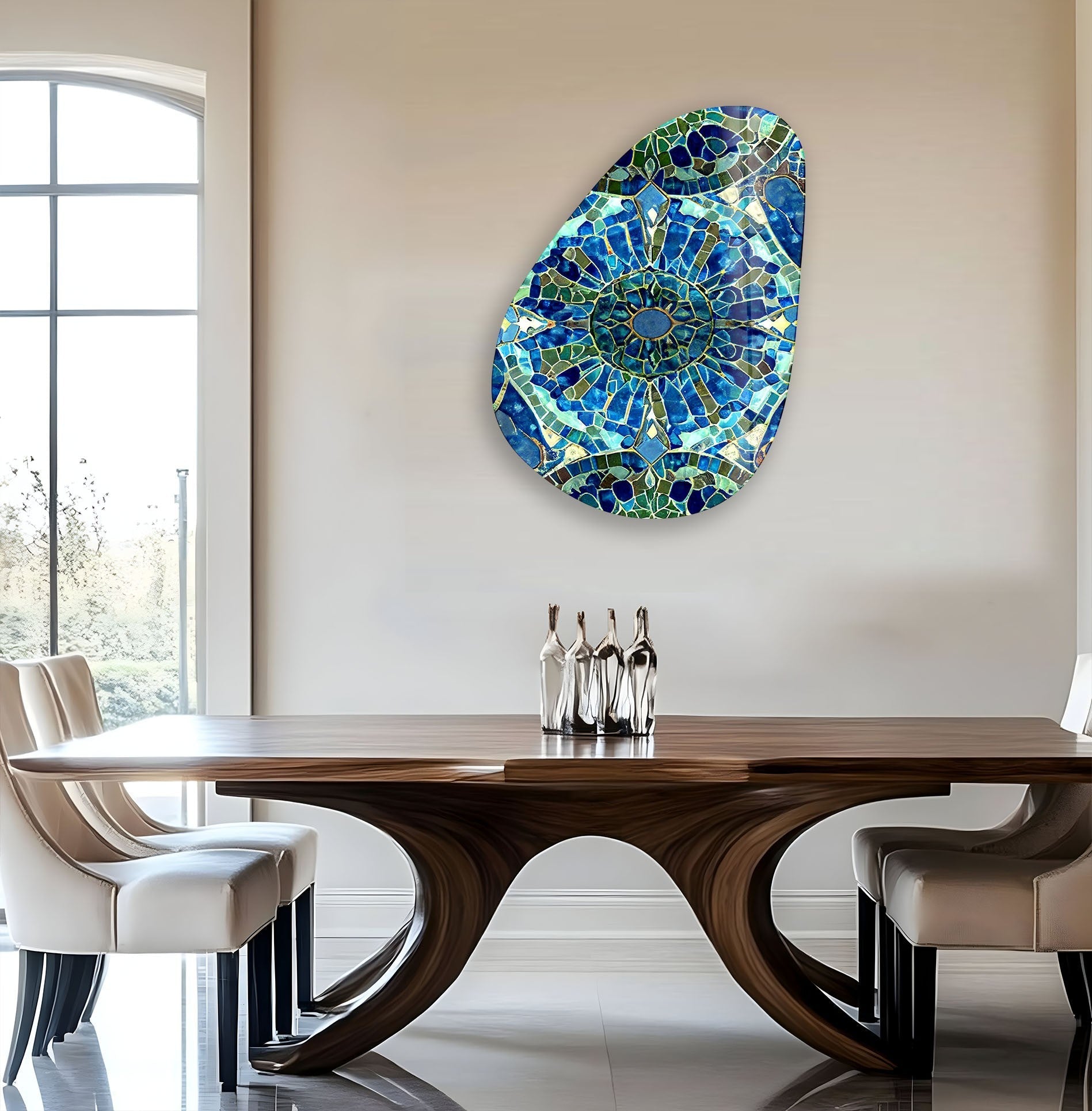 Asymmetrical Oval Blue Mosaic Design Glass Wall Art - Handmade Modern Home Decor for Living Room, Bedroom, or Office - Perfect for Bohemian & Coastal Interior Design Styles