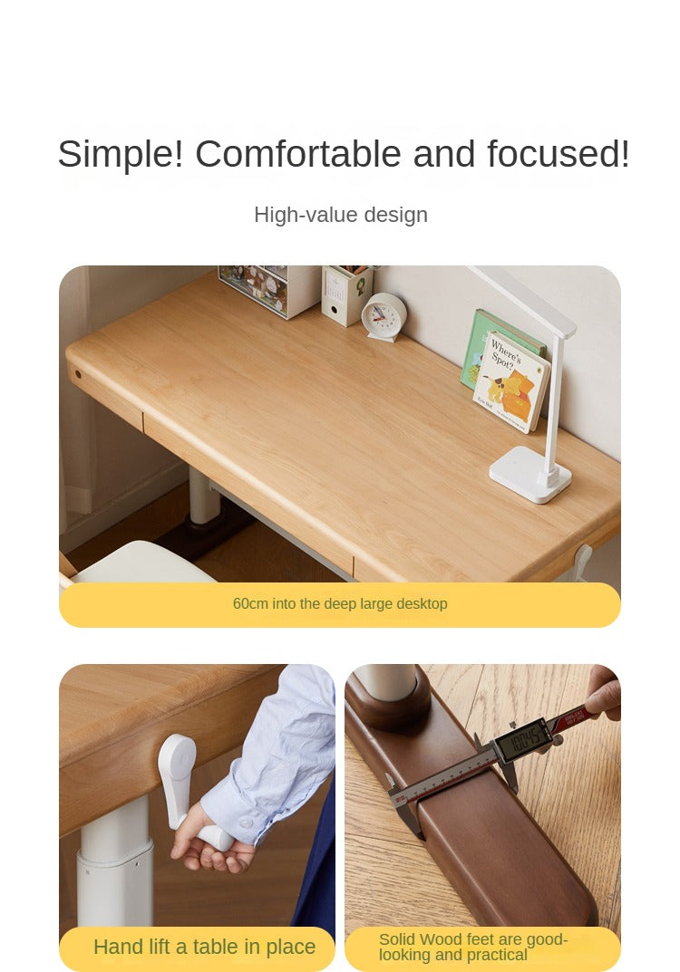 Beech Solid Wood Adjustable Height Kids Study Desk with Hand Crank Lift - Perfect for Homeschooling, Online Learning & Children's Homework Station