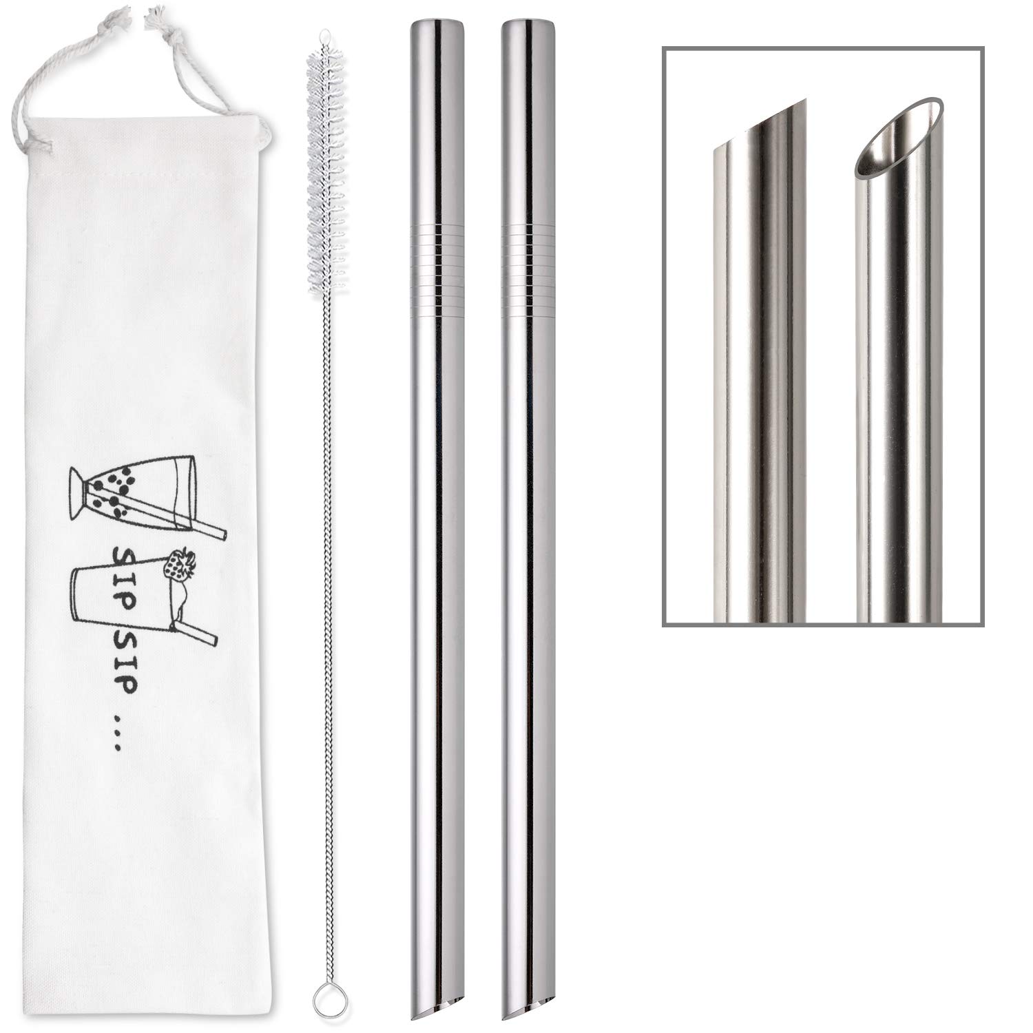 2 Pack Wide Stainless Steel Boba Straws for Bubble Tea & Smoothies | Reusable Angled Tips
