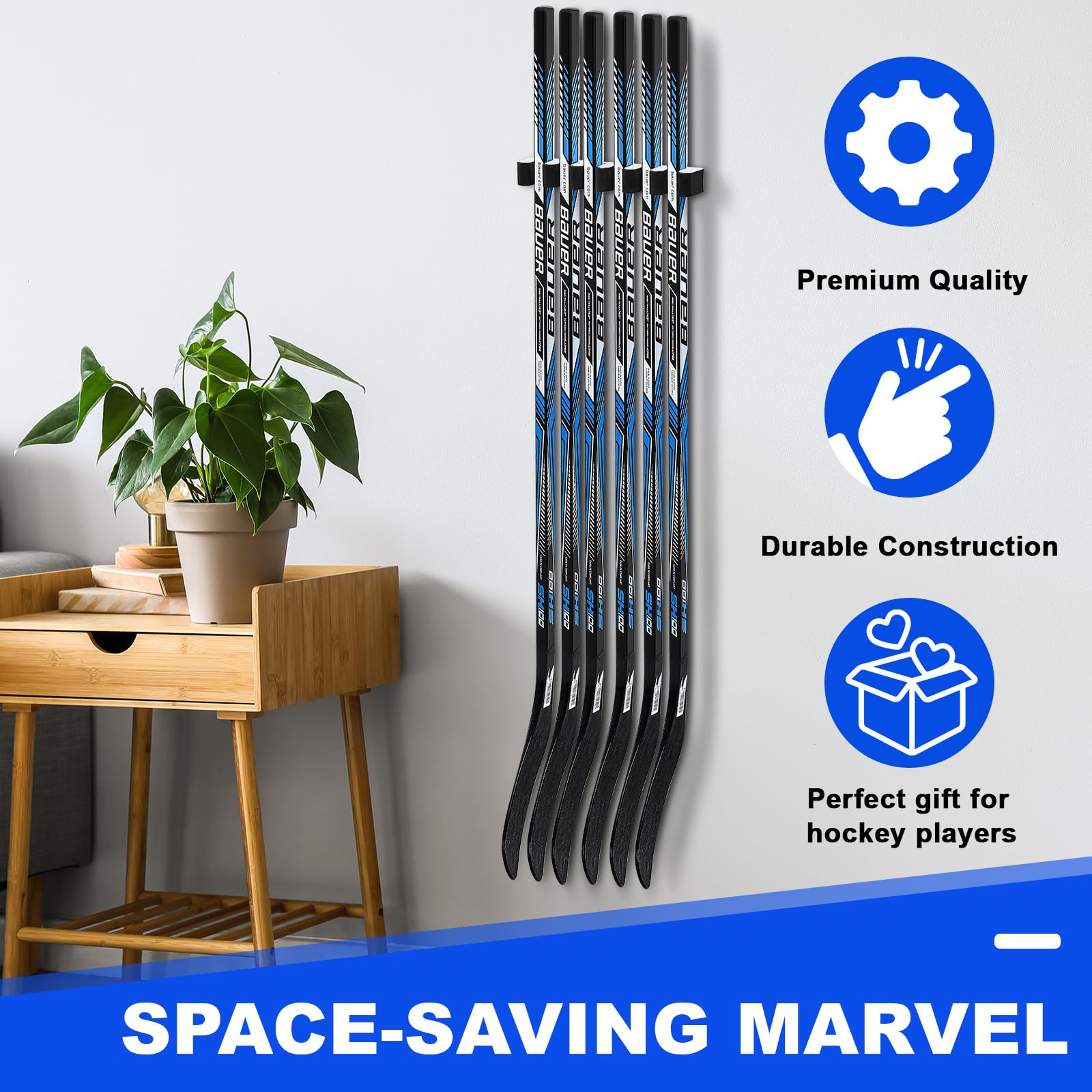Yousoontic Wall Mount Hockey Stick Holder - Organizer for 1, 2, 3, 4 or 6 Ice Hockey Sticks - Space Saving Storage Solution for Home, Office, Garage or Hockey Room - Perfect for Displaying and Organizing Hockey Equipment