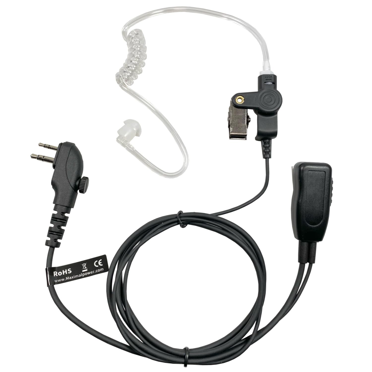 MaximalPower HYTERA HYT Single Wire 2-Pin Radio Earpiece Headset with PTT Mic & Clear Coil Tube - Perfect for Two-Way Radios, Security, Construction & Outdoor Communication