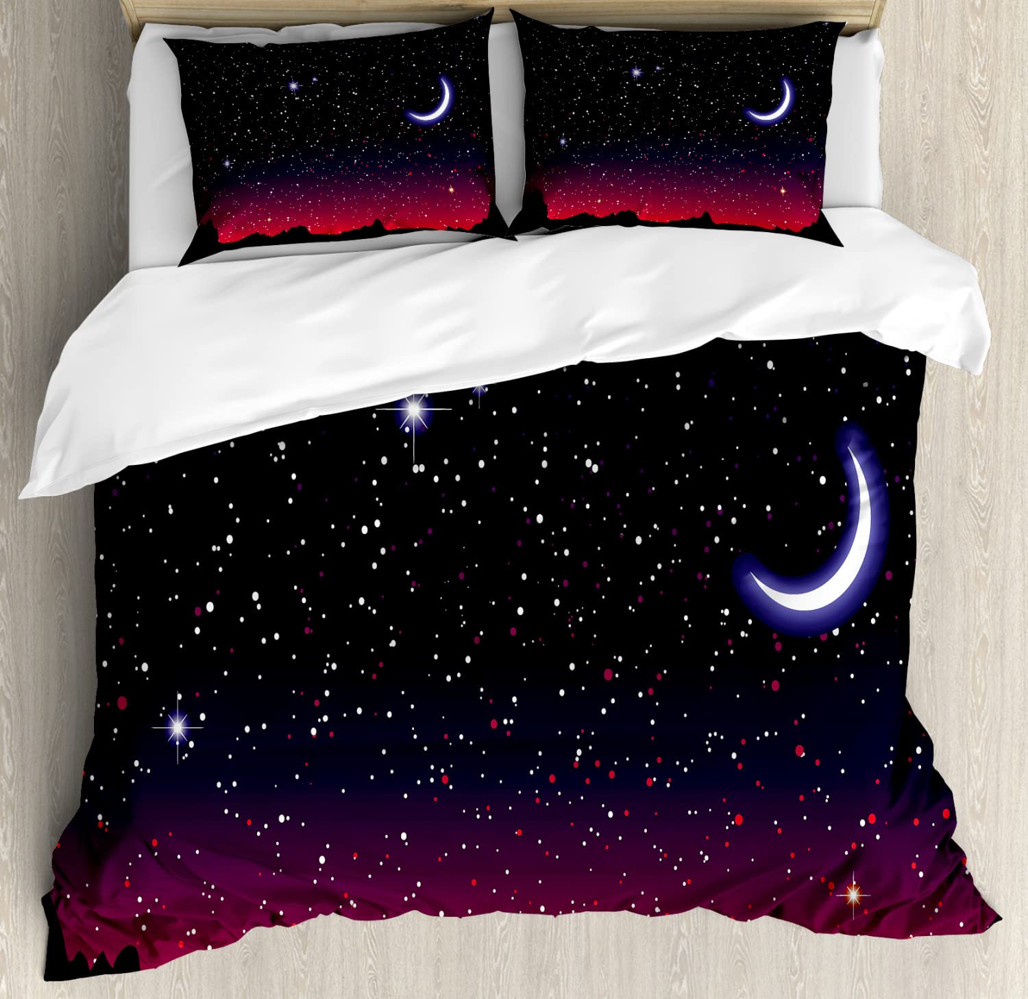 Ambesonne King Size Duvet Cover Set - 2 Pack Red Sky Starry Landscape & Mountain Astronomy Design with 4 Pillowcases, Indigo Magenta Black - Perfect for Bedroom Decor, Gift for Astronomy Lovers & Cozy Home Styling