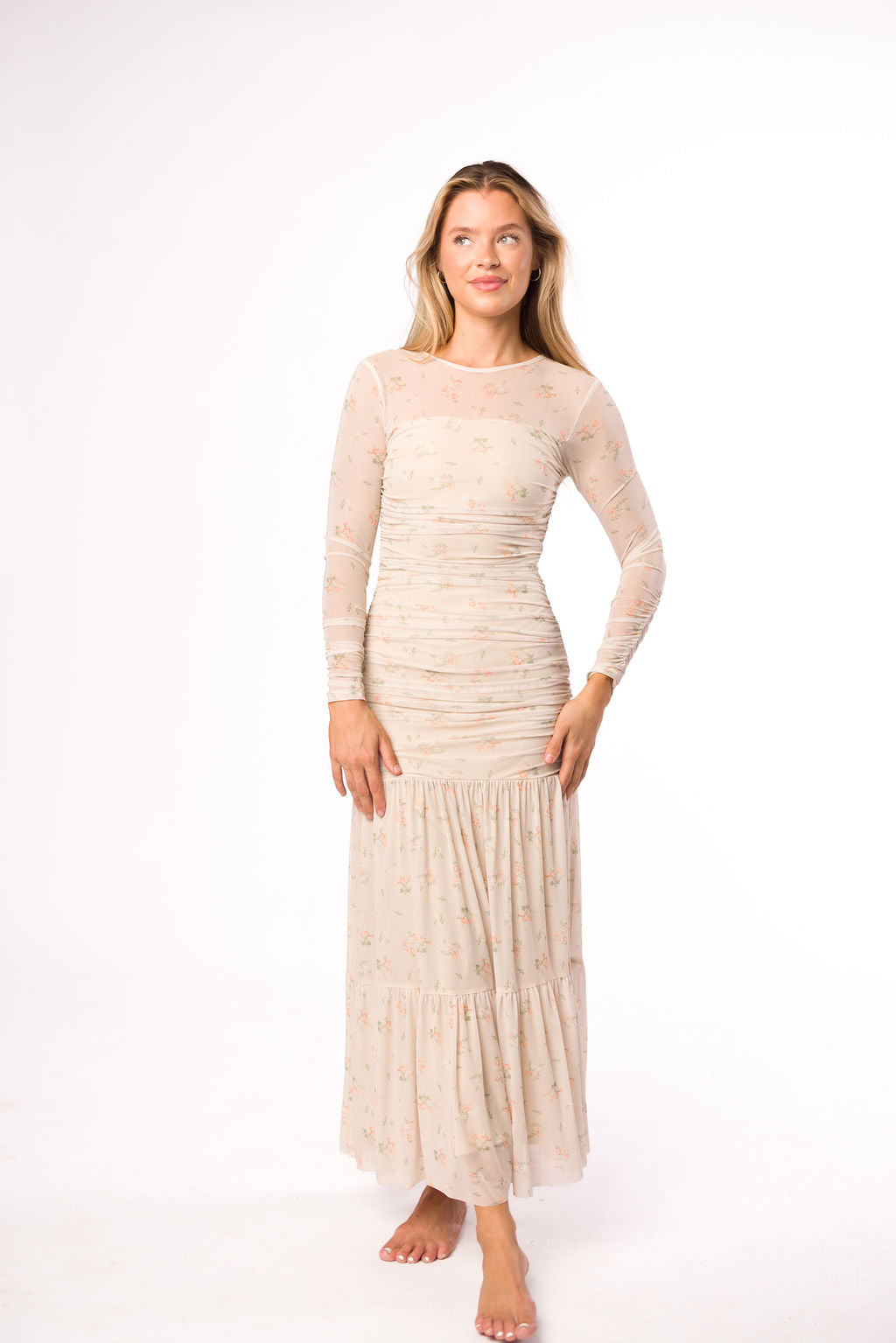 Camille Mesh Gathered Side Seam Maxi Dress in Nude Multi Floral - Bump Friendly Maternity Dress for Pregnancy, Nursing & Special Occasions | Perfect for Baby Showers, Weddings & Summer Vacations
