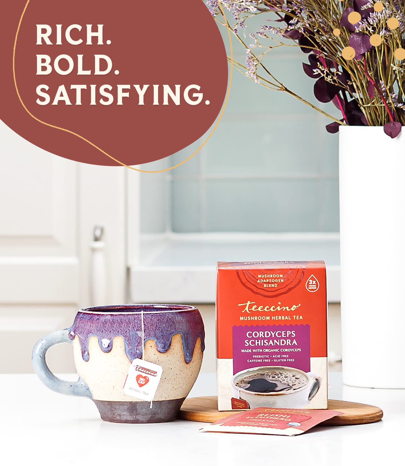 Organic Teeccino Mushroom Adaptogen Herbal Tea with Cordyceps, Schisandra & Cinnamon Berry - Cognitive Support & Immune Boost - 10 Tea Bags - Perfect for Stress Relief & Mental Clarity