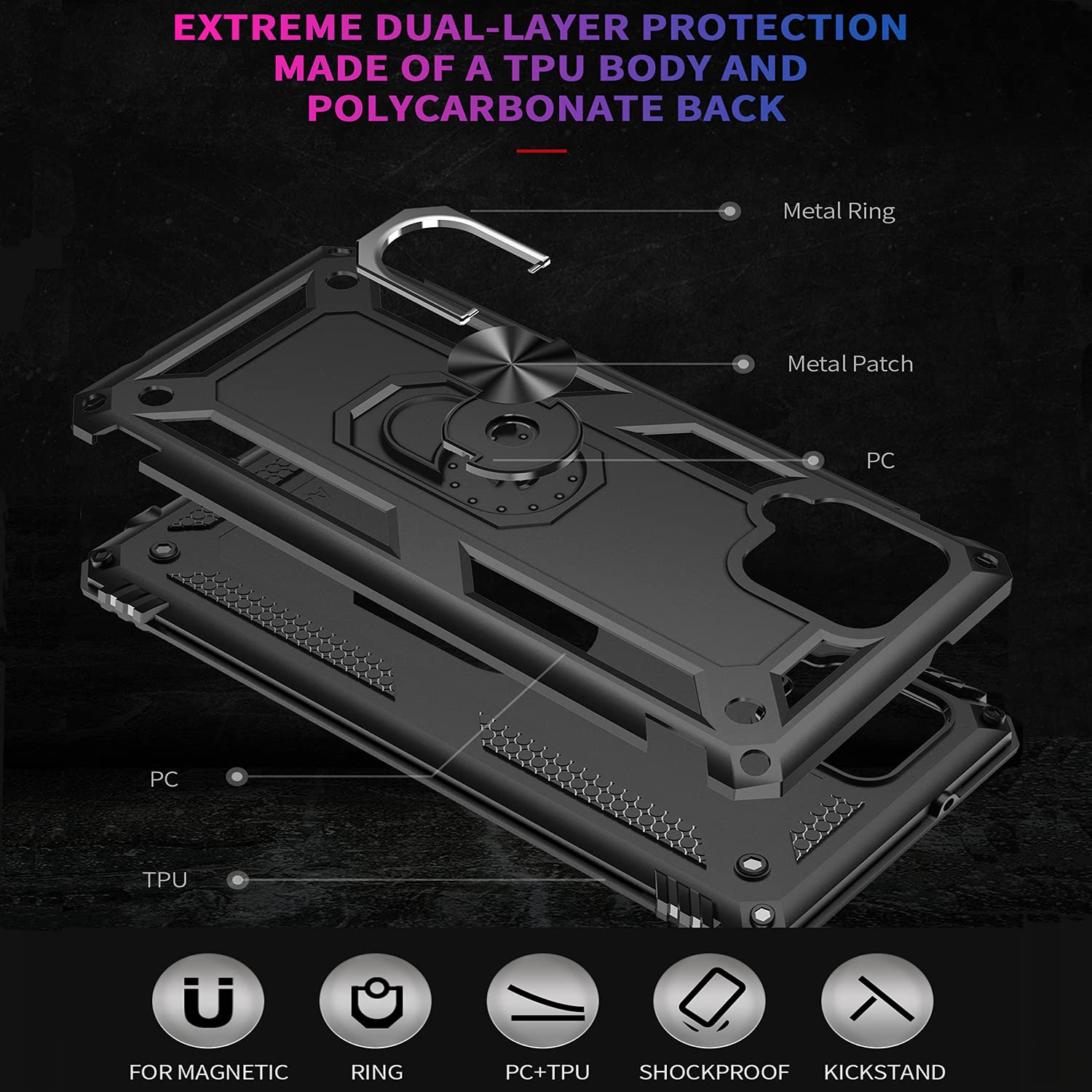 Nakedcellphone Bandit Series Samsung Galaxy A42 5G Case [Black] - Flexible TPU Anti-Shock Phone Cover with Finger Grip, Viewing Stand & Metal Mounting Plate for Daily Use, Travel, and Outdoor Activities