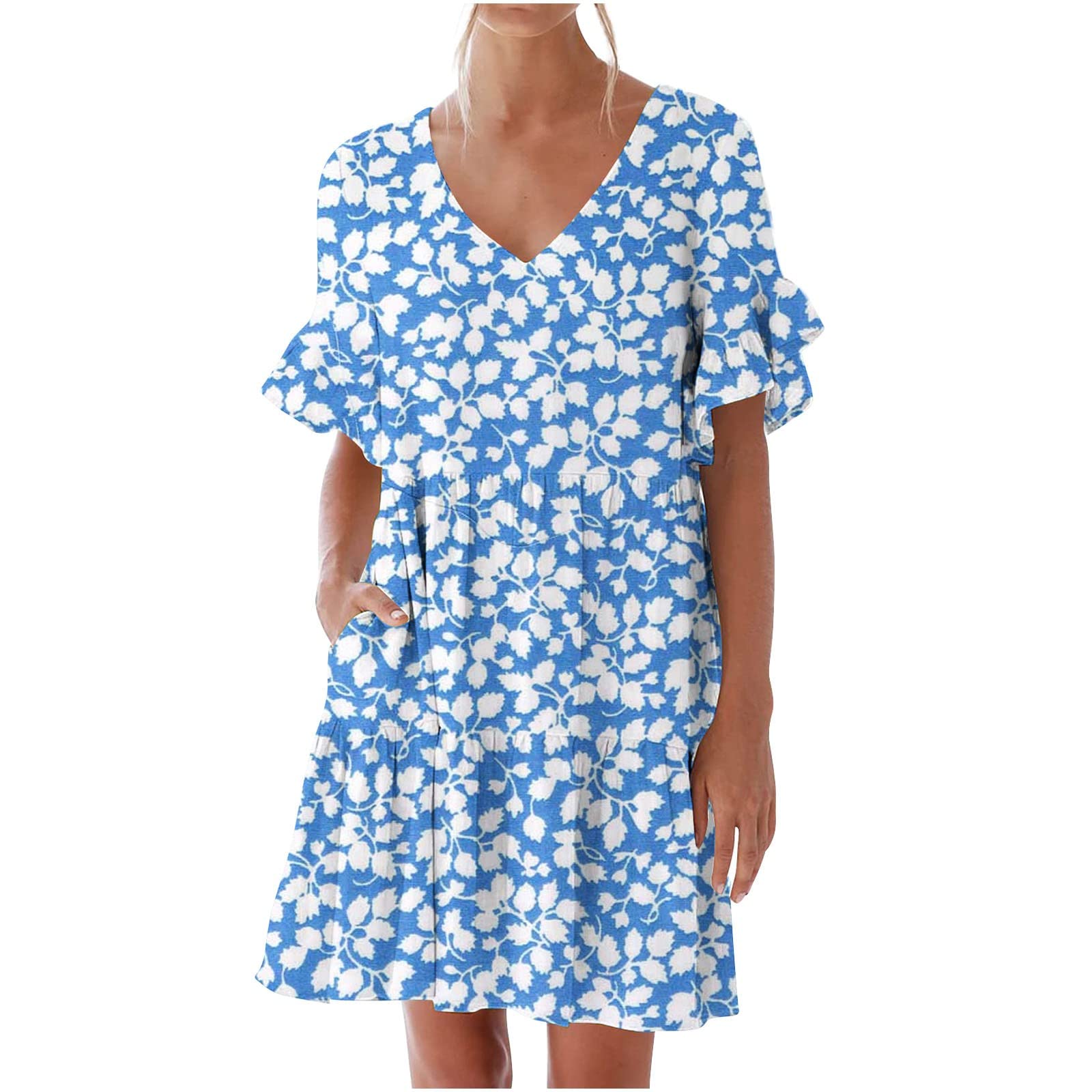 MINIY 2022 Women's Summer Casual Dress - Sweet Cute V-Neck Mini Dress with Pockets, Short Sleeve Ruffled Floral Sundress for Beach, Party & Date Night