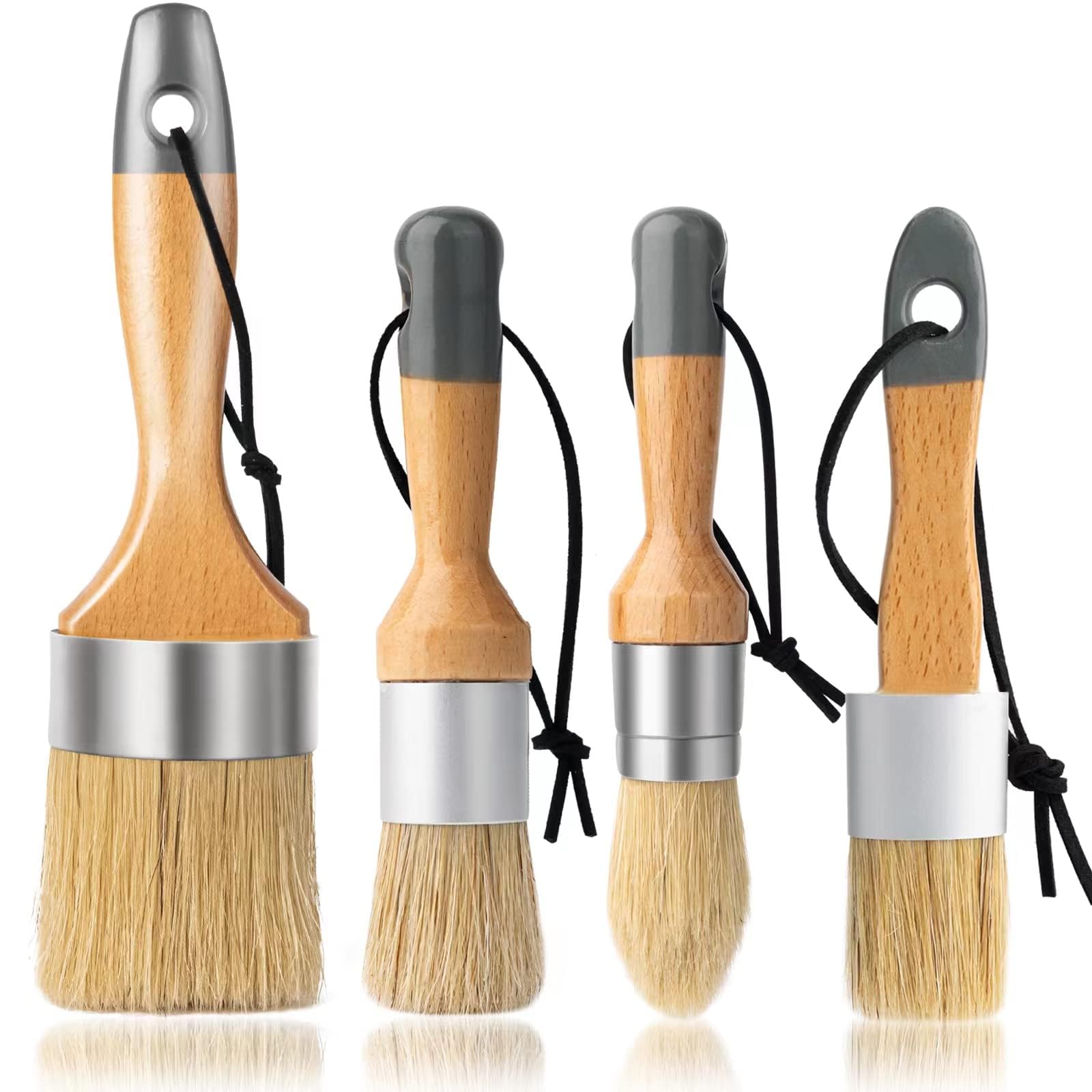 Natural Bristle Chalk & Wax Paint Brush Set of 4 - Small Round & Large Oval Brushes for Furniture Painting, Waxing & DIY Home Decor Projects - Perfect for Wood Refinishing, Cabinets, Tables & Vintage Restoration