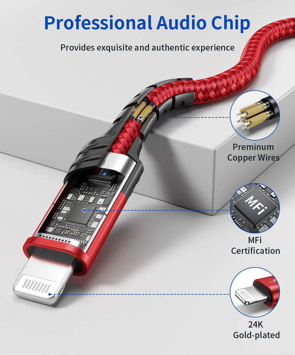 JSAUX MFi Certified iPhone Aux Cable 1M - Nylon Braided Lightning to 3.5mm Headphone Jack Audio Cable for iPhone 12/11/X/XR/8/7 (Red) - Perfect for Car, Home & Travel Music Listening