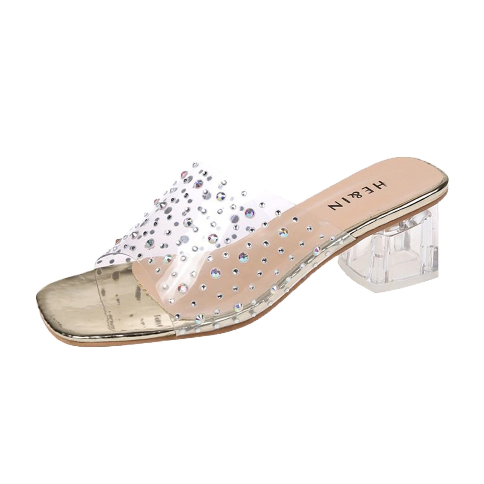 Women's Transparent Crystal Square Heel Sandals - Fashion Rubber Casual Slippers for Outdoor & Summer Wear - Perfect for Beach, Pool, and Vacation Outfits