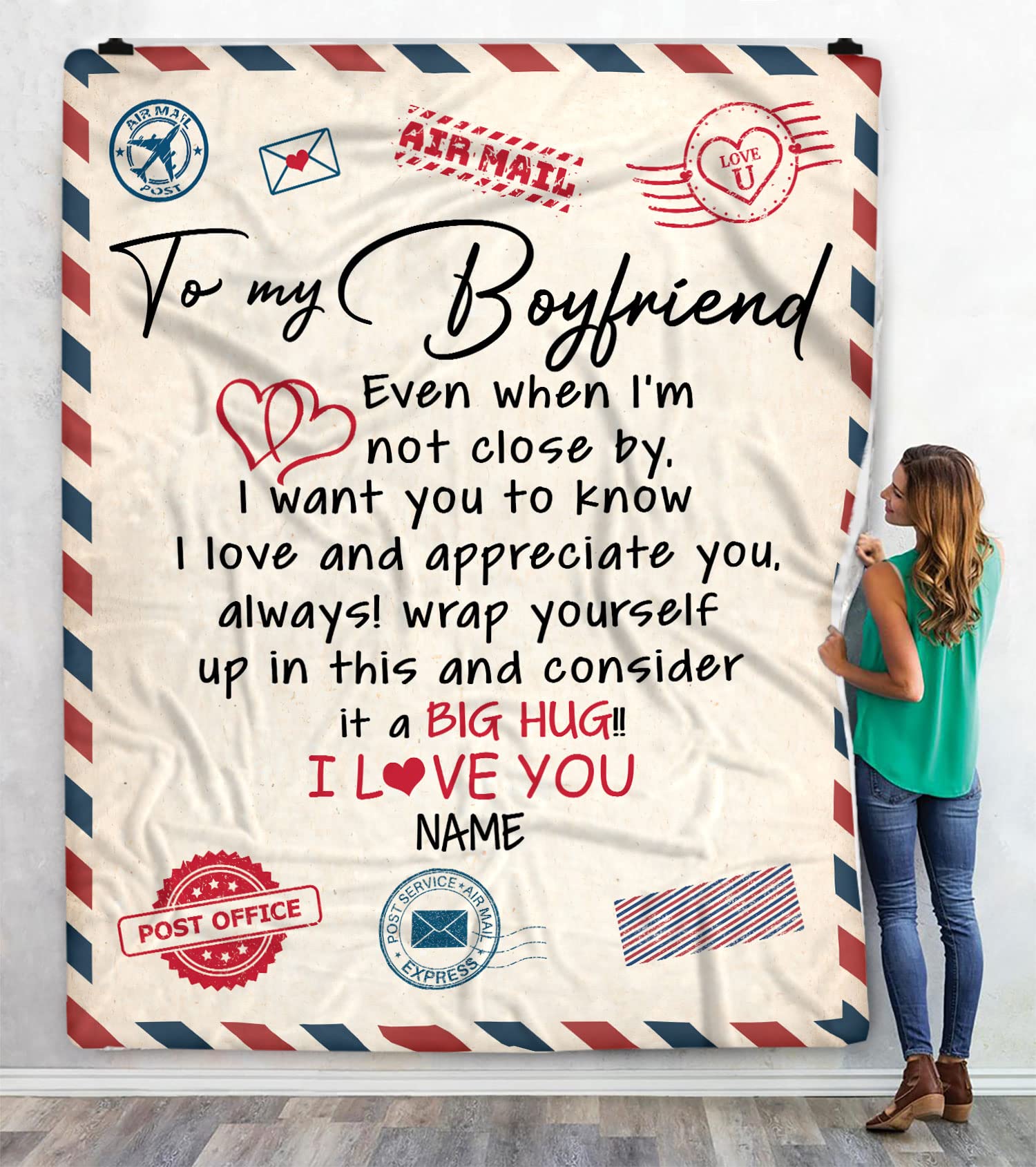 Personalized Air Mail Letter to My Boyfriend Throw Blanket - Custom Name Fleece Blanket for Him - Romantic Gift for Birthday, Christmas, Anniversary - Cozy Couple Gift for Long Distance Relationships, Movie Nights & Home Decor