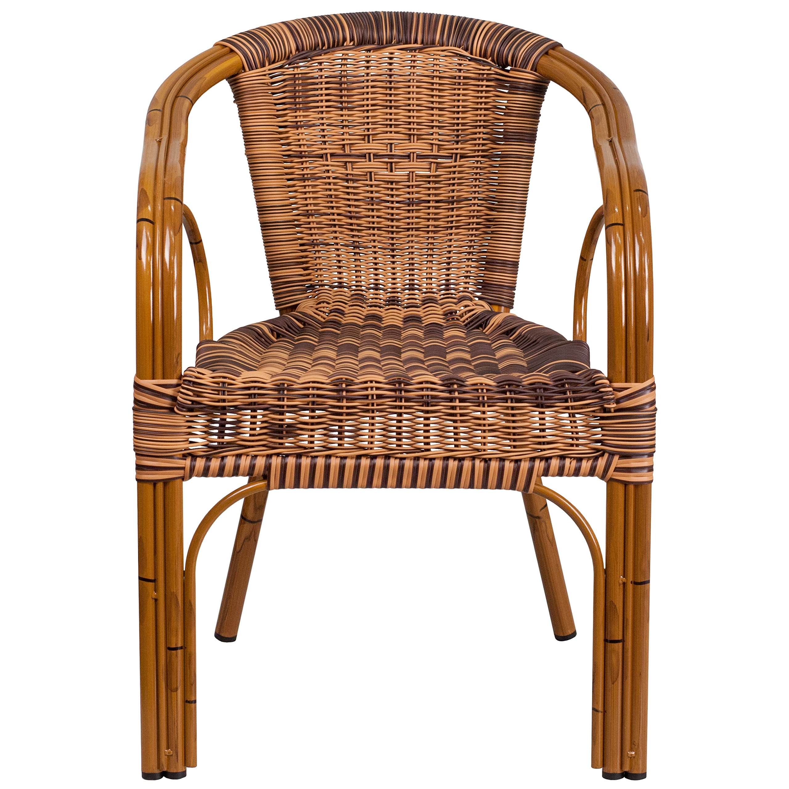 EMMA + OLIVER Brown Rattan Patio Chair with Dark Red Bamboo-Aluminum Frame - Outdoor Dining, Poolside Relaxation, Garden Decor, Backyard Furniture for Patio, Deck or Balcony