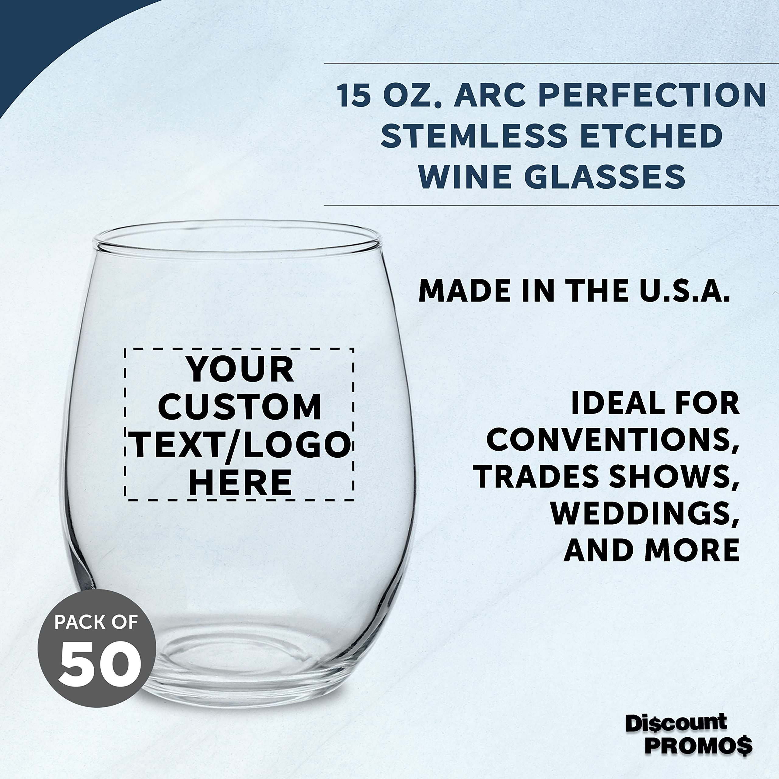 ARC Perfection 15 oz Custom Stemless Wine Glasses - Bulk Set of 50 Personalized Bar Glasses for Restaurants, Weddings & Events - Ideal for Red Wine, White Wine & Cocktails - Durable Clear Glassware for Commercial Use