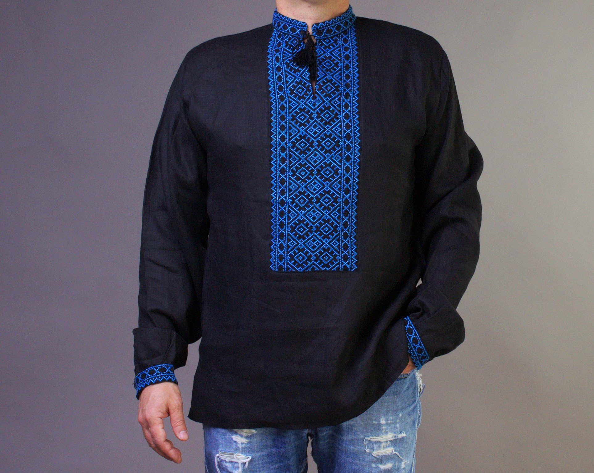 Authentic Ukrainian Vyshyvanka Linen Shirt for Men - Handmade Black & Blue Embroidery from Ukraine (Small) | Perfect for Cultural Events, Weddings & Ethnic Fashion