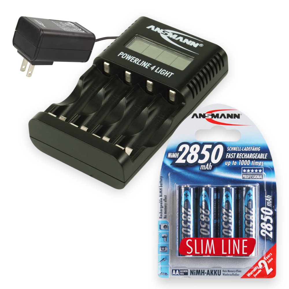 Ansmann Powerline 4 Smart Battery Charger for NiMH AA AAA Rechargeable Batteries with LCD Display & USB Port - Includes 4X 2850mAh Slim AA Batteries - Charge iPhone Android Devices - Perfect for Home, Office, Travel & Emergency Power Backup