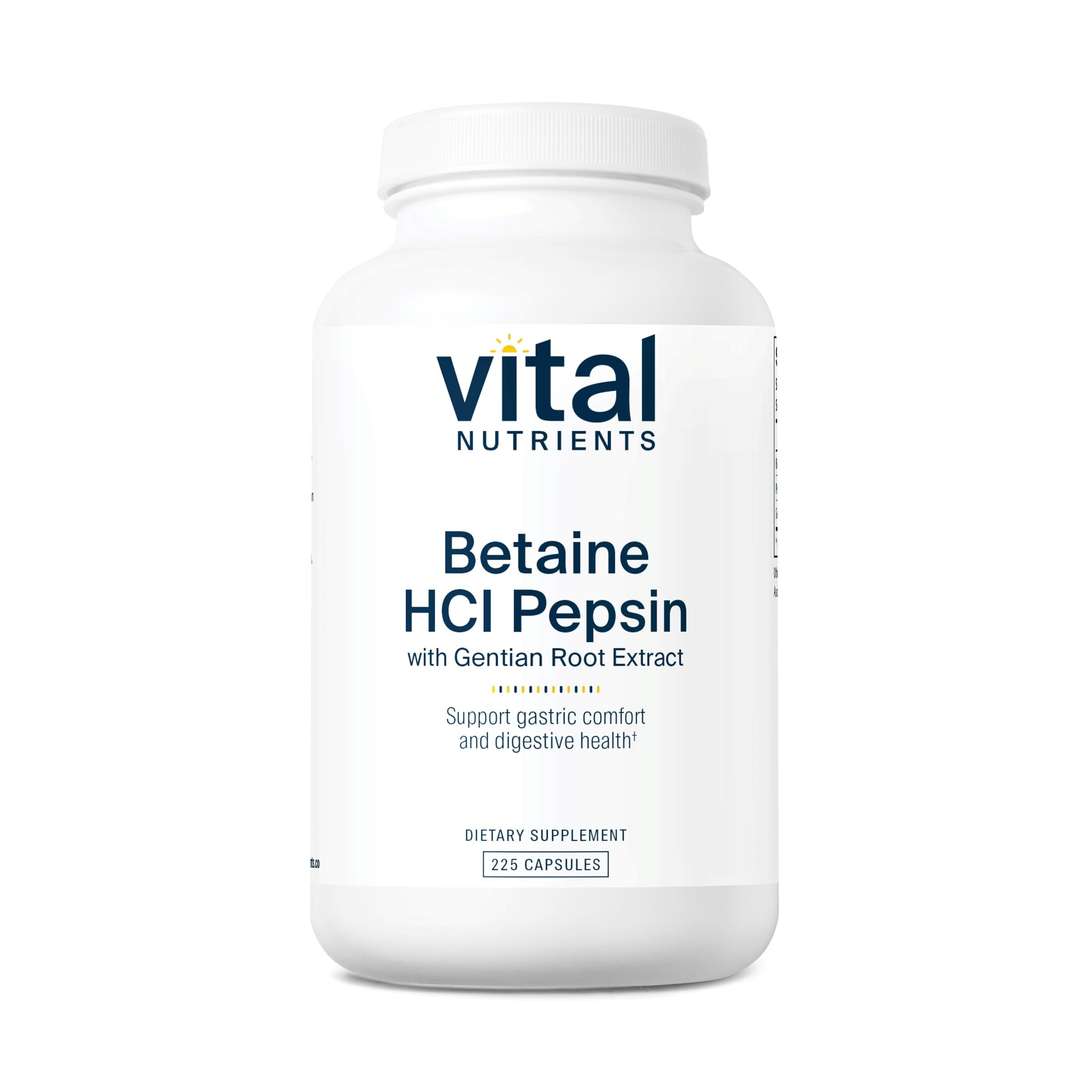 Vital Nutrients Betaine HCL Pepsin with Gentian Root Extract | Digestive Enzyme Supplement for Protein Digestion & Nutrient Absorption | Gluten-Free, Dairy-Free, Soy-Free | 225 Capsules | Supports Healthy Digestion After Meals & Occasional Indigestion Relief