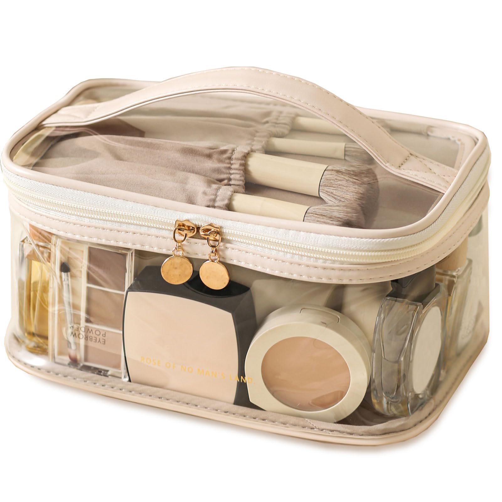 Large Clear Makeup Bag - Waterproof Transparent Cosmetic Organizer with Handle for Women | Travel Toiletry Case, Skincare Pouch, Daily Beauty Essentials | Perfect for Travel, Gym, and Home Storage (Off White)
