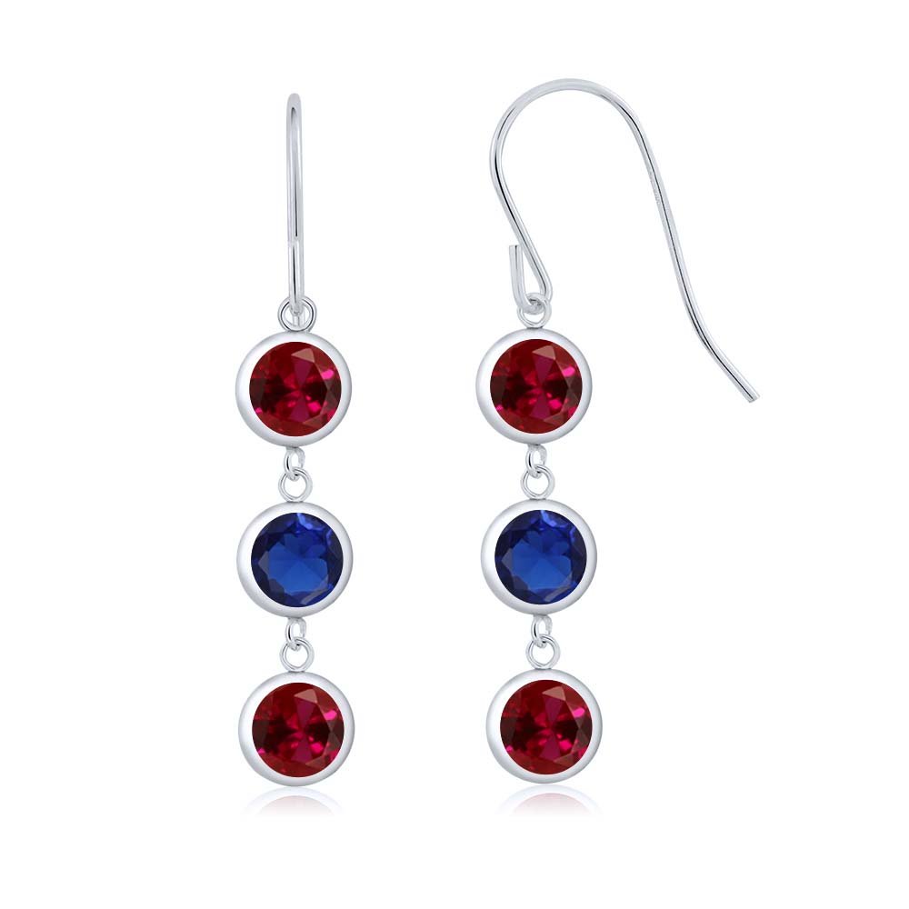 3.60 Ct Red Created Ruby & Blue Created Sapphire 925 Sterling Silver 3 Stone Dangle Earrings – Elegant Gemstone Jewelry for Women, Perfect for Parties, Weddings & Special Occasions