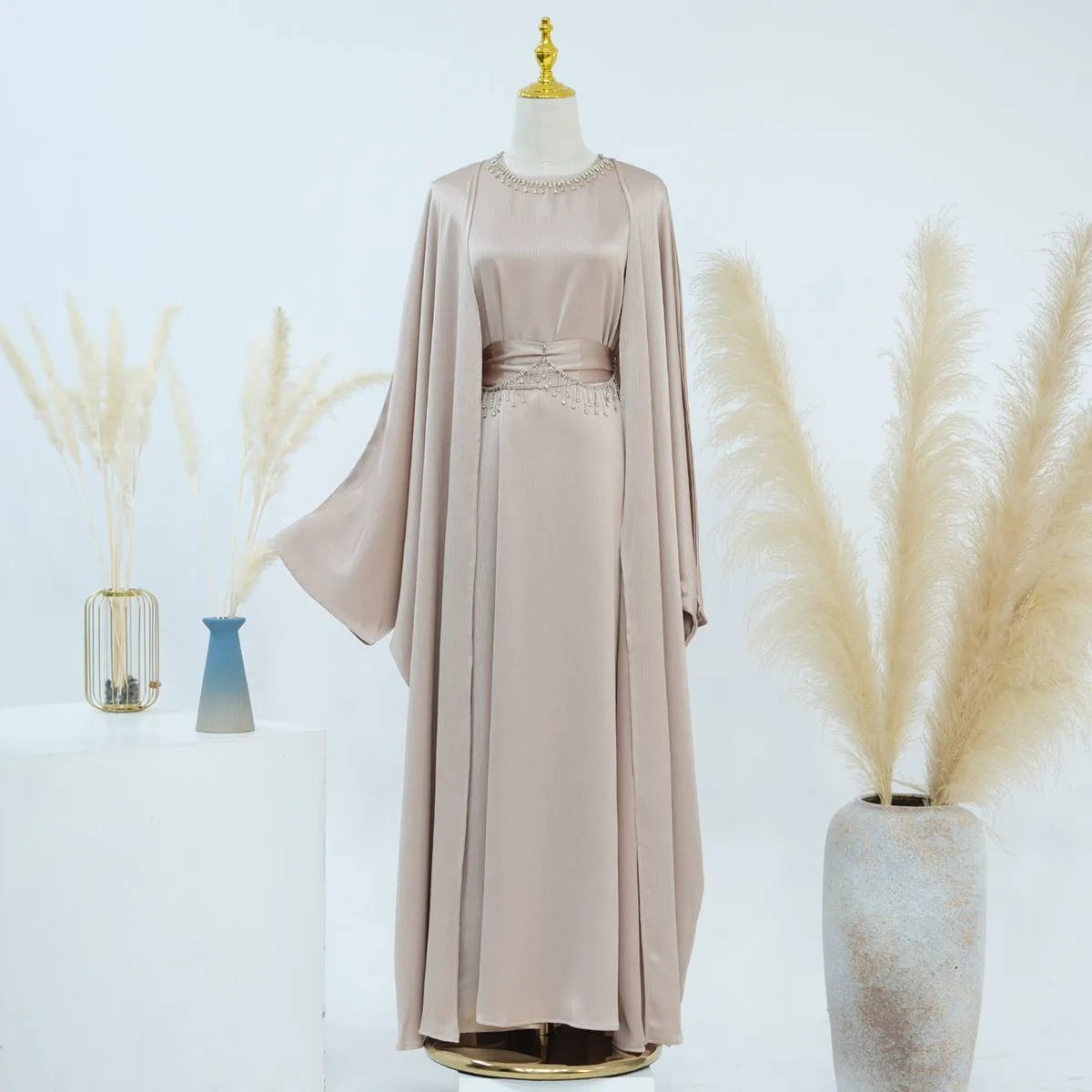 Wrinkle-Free Satin 2-Piece Open Abaya Dress Set #24806 - Elegant Muslim Prayer Dress for Women, Perfect for Special Occasions & Daily Wear