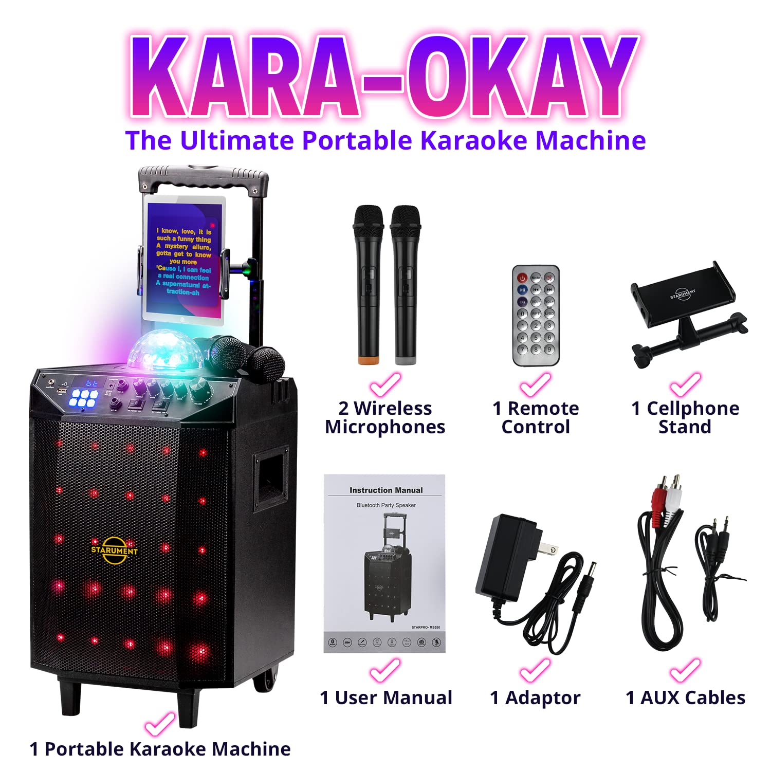 Portable Karaoke Machine with Bluetooth Speakers, 2 Wireless Microphones, Disco Ball & LED Lights - Starument Complete Karaoke System for Adults & Kids - Perfect for Home Parties, Birthday Celebrations & Family Gatherings