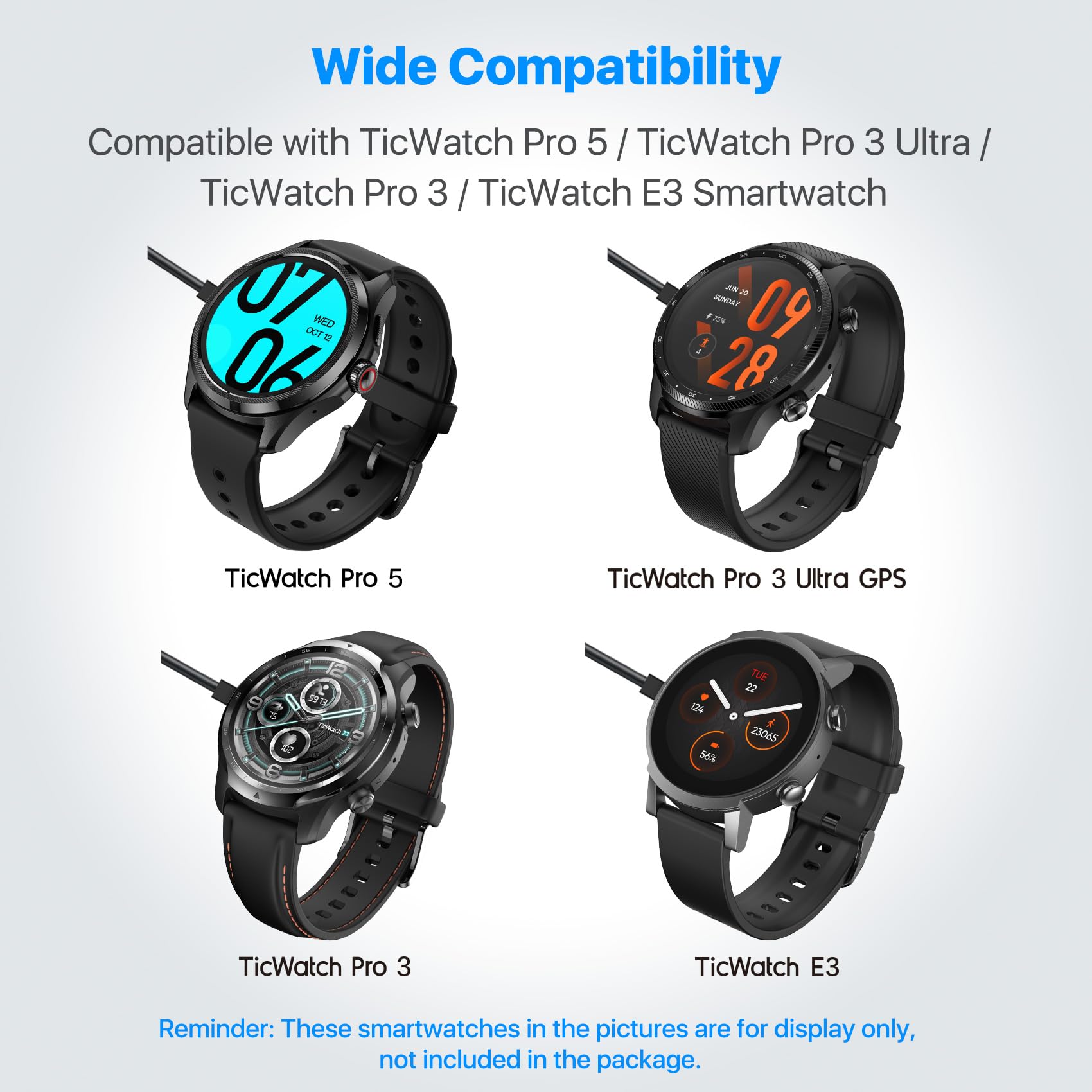 Original Title: Ticwatch Pro 5 / Pro 3 Ultra GPS/Pro 3 GPS / E3 Charging Cable Replacement Charging Cable Magnetic Charger Pro 3 GPS/Pro 3 Ultra GPS / E3 Smartwatch Optimized Title: Ticwatch Pro 5, Pro 3 Ultra GPS, Pro 3 GPS & E3 Smartwatch Magnetic Charging Cable Replacement - Fast Charging Dock for Fitness Tracking, Sleep Monitoring & Outdoor Activities