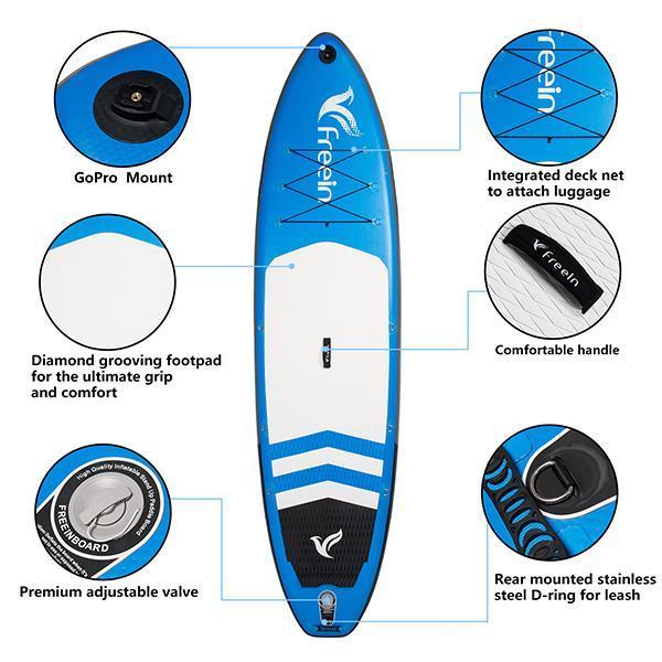 Freein 11' Explorer Inflatable Stand Up Paddle Board with Dual Action Pump & Camera Mount - Blue SUP Package for Lakes, Rivers & Ocean Paddling
