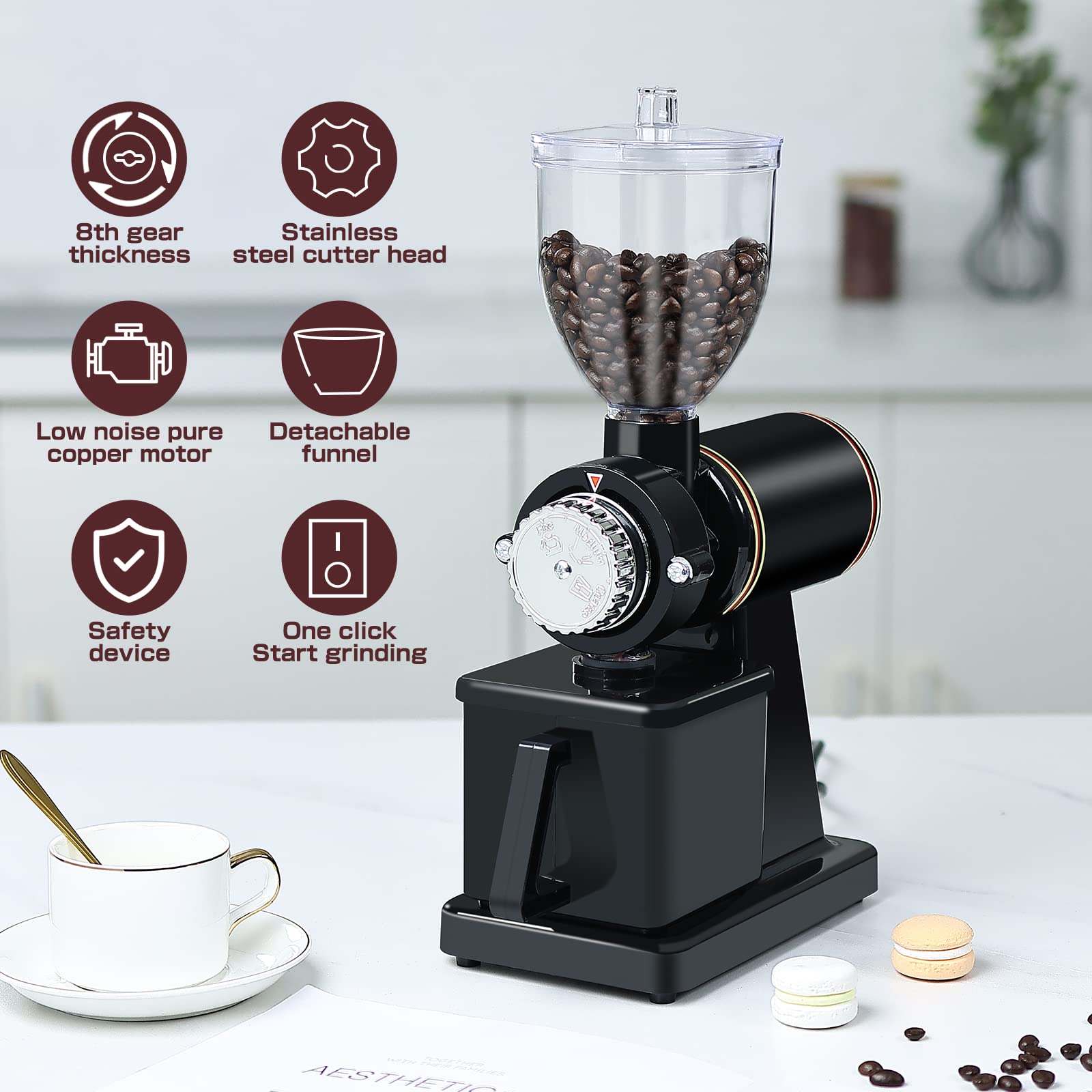 YaeMarine Professional Electric Coffee Grinder - Adjustable Coarseness, Fast & Quiet Coffee Bean Mill for Espresso, Drip, French Press - Perfect for Home & Office Use (Black)